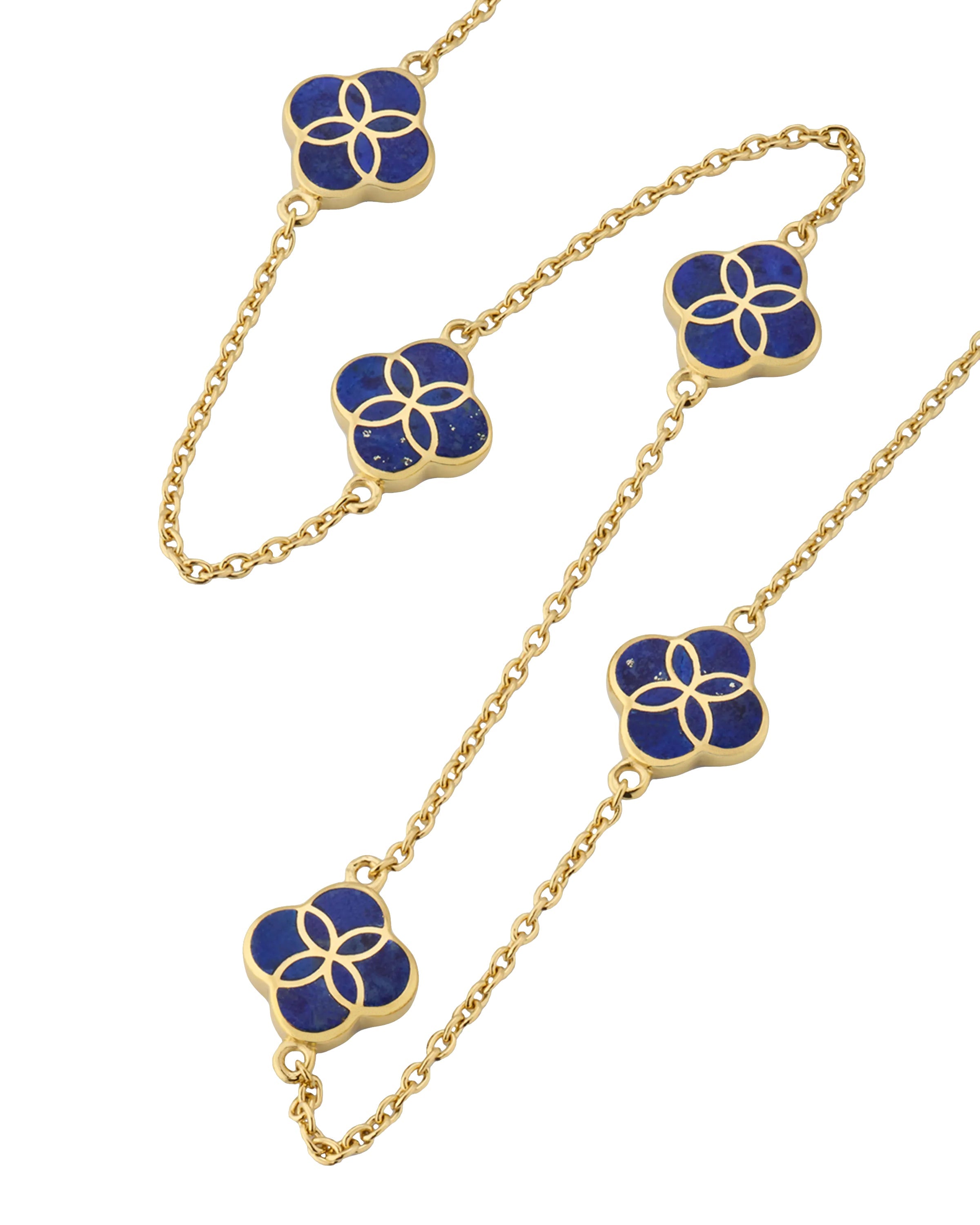 Blue lapis enamel clover station necklace on gold chain — Jan Leslie