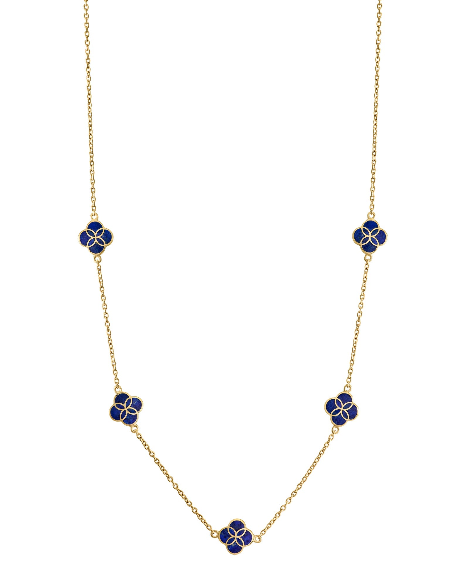 Blue lapis enamel clover station necklace on gold chain — Jan Leslie