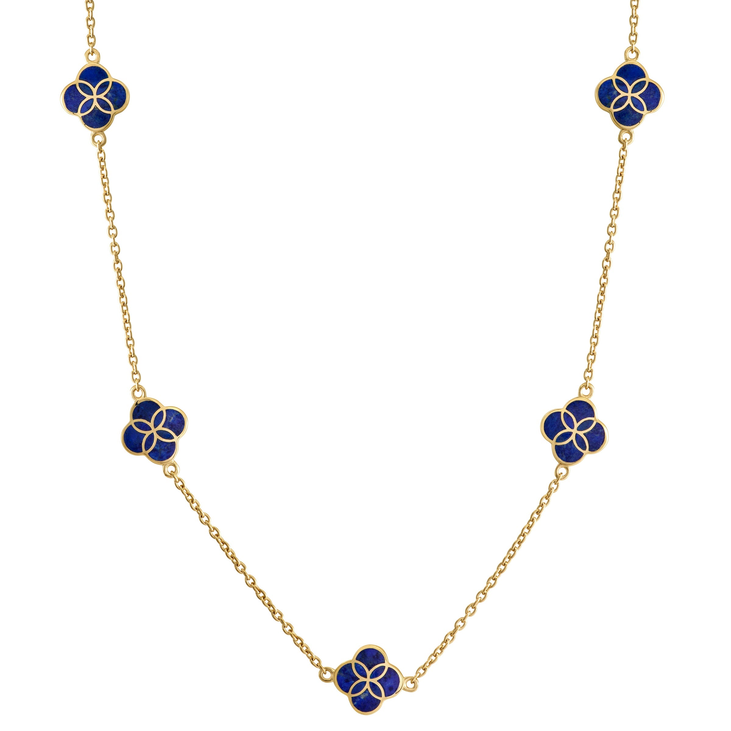 Blue lapis enamel clover station gold chain necklace — Jan Leslie