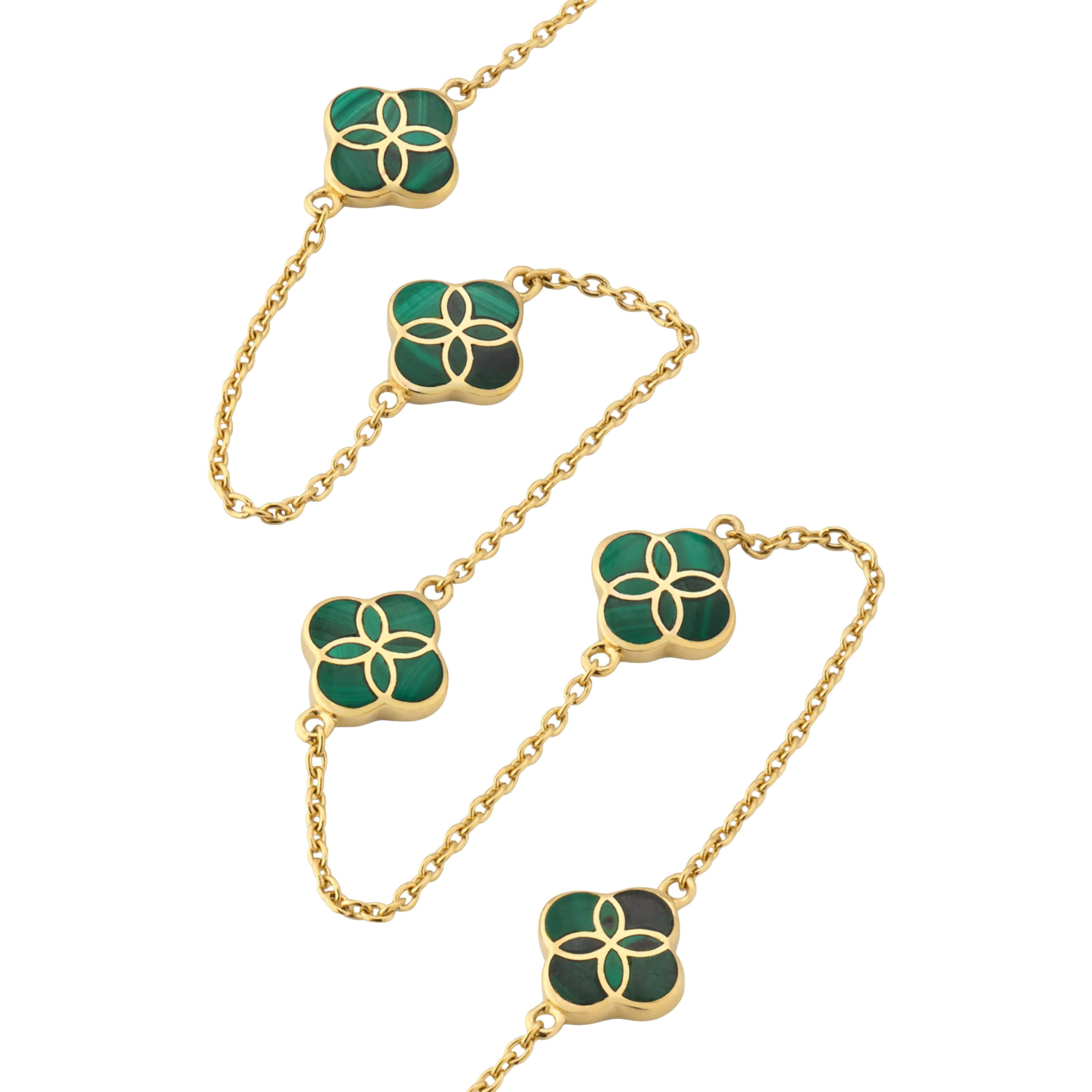 Green malachite enamel clover pendant detail on gold cable chain — Jan Leslie