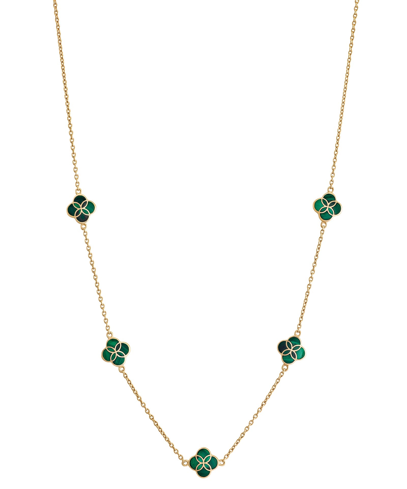 Green malachite enamel clover pendant detail on gold cable chain — Jan Leslie