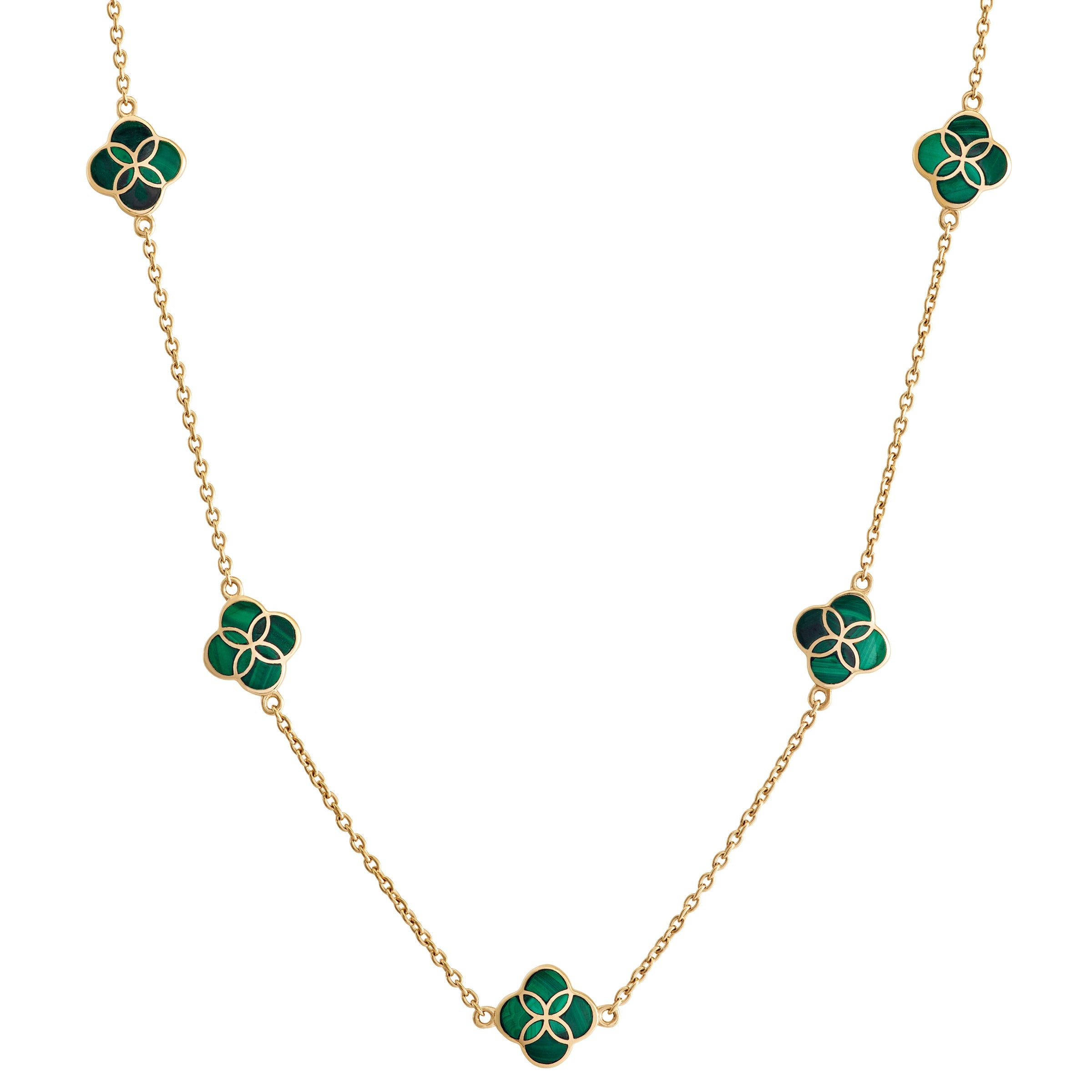Green malachite enamel clover pendant detail on gold cable chain — Jan Leslie