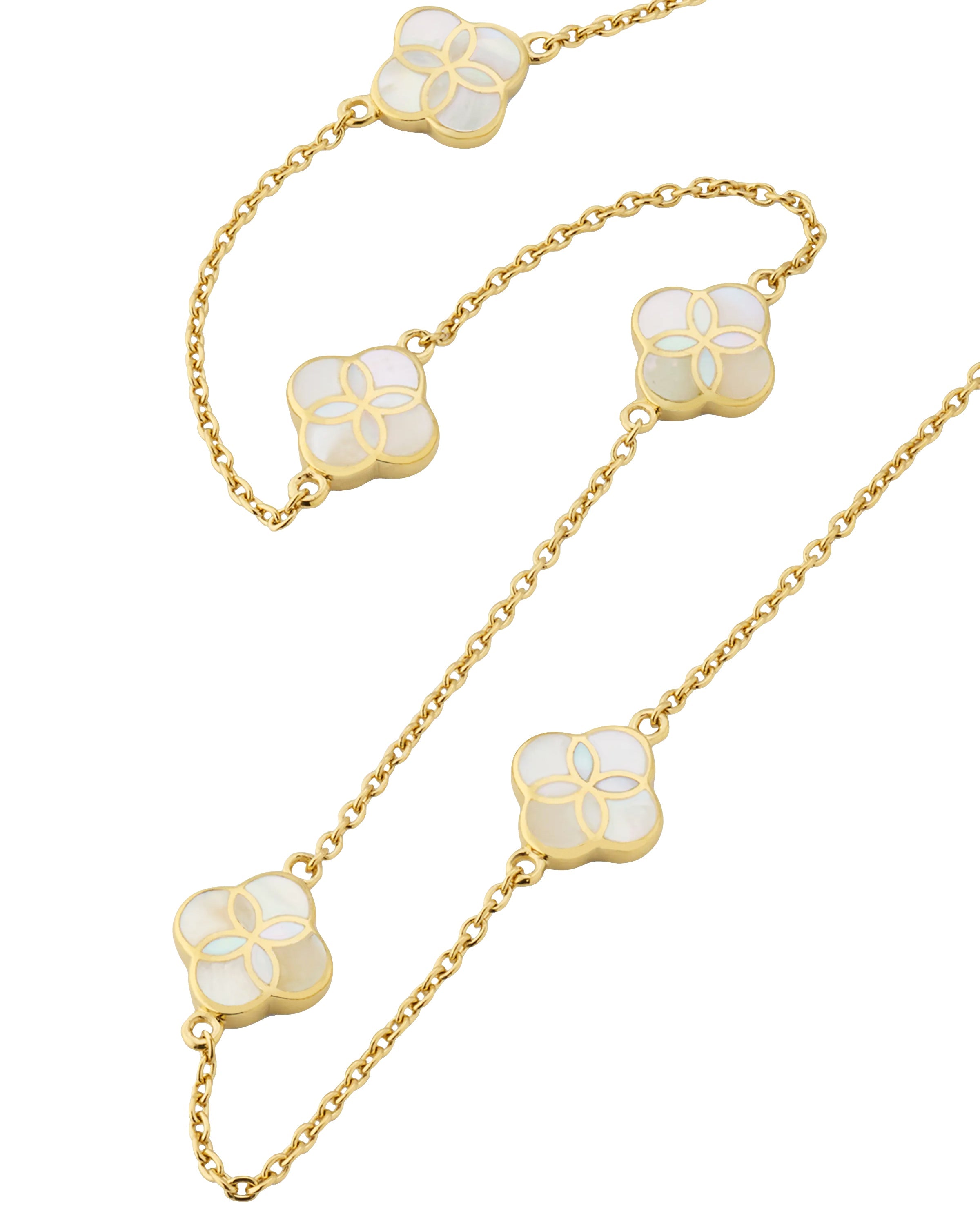 Mother-of-pearl clover station necklace on gold cable chain — Jan Leslie