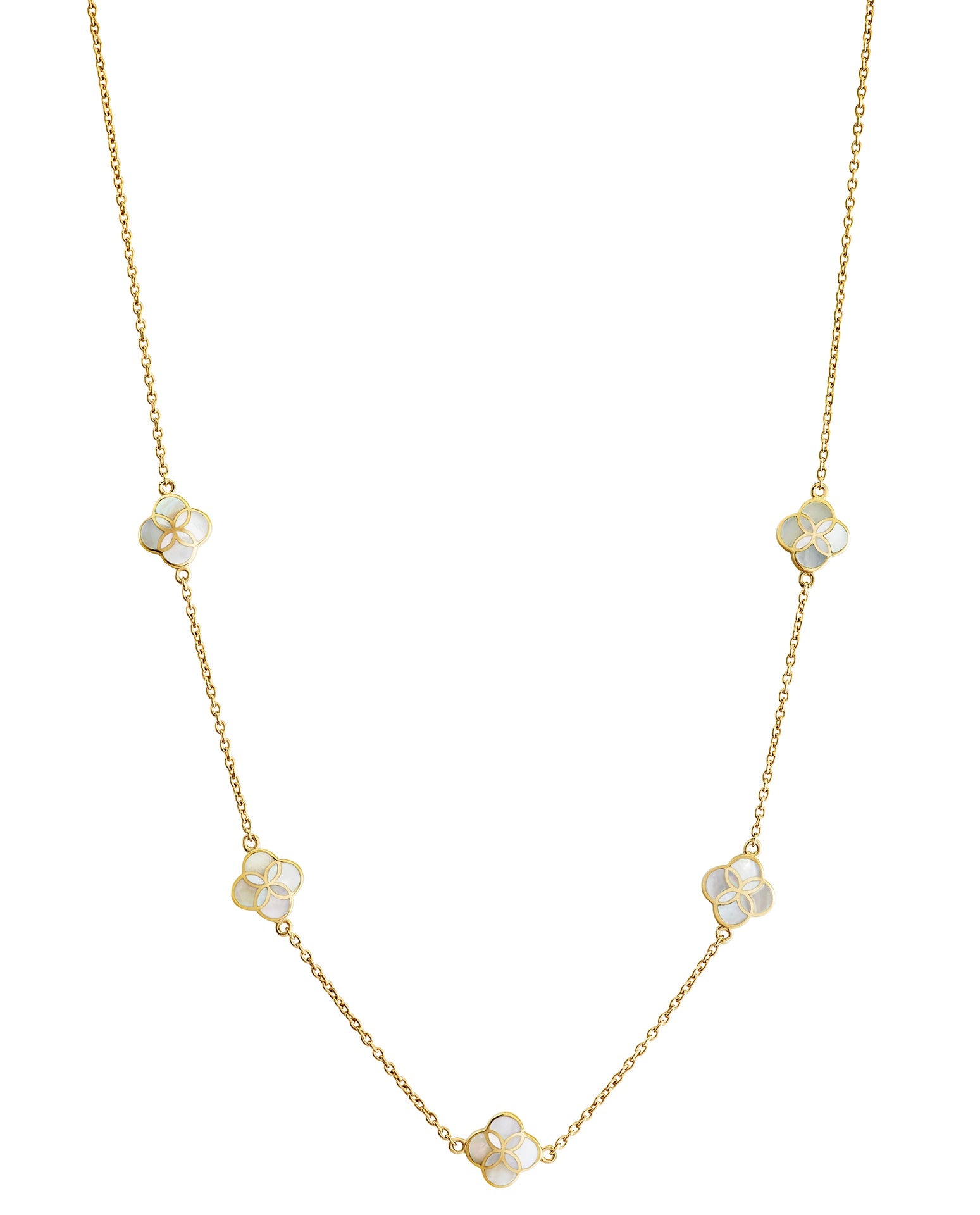Mother-of-pearl clover station necklace on gold cable chain — Jan Leslie