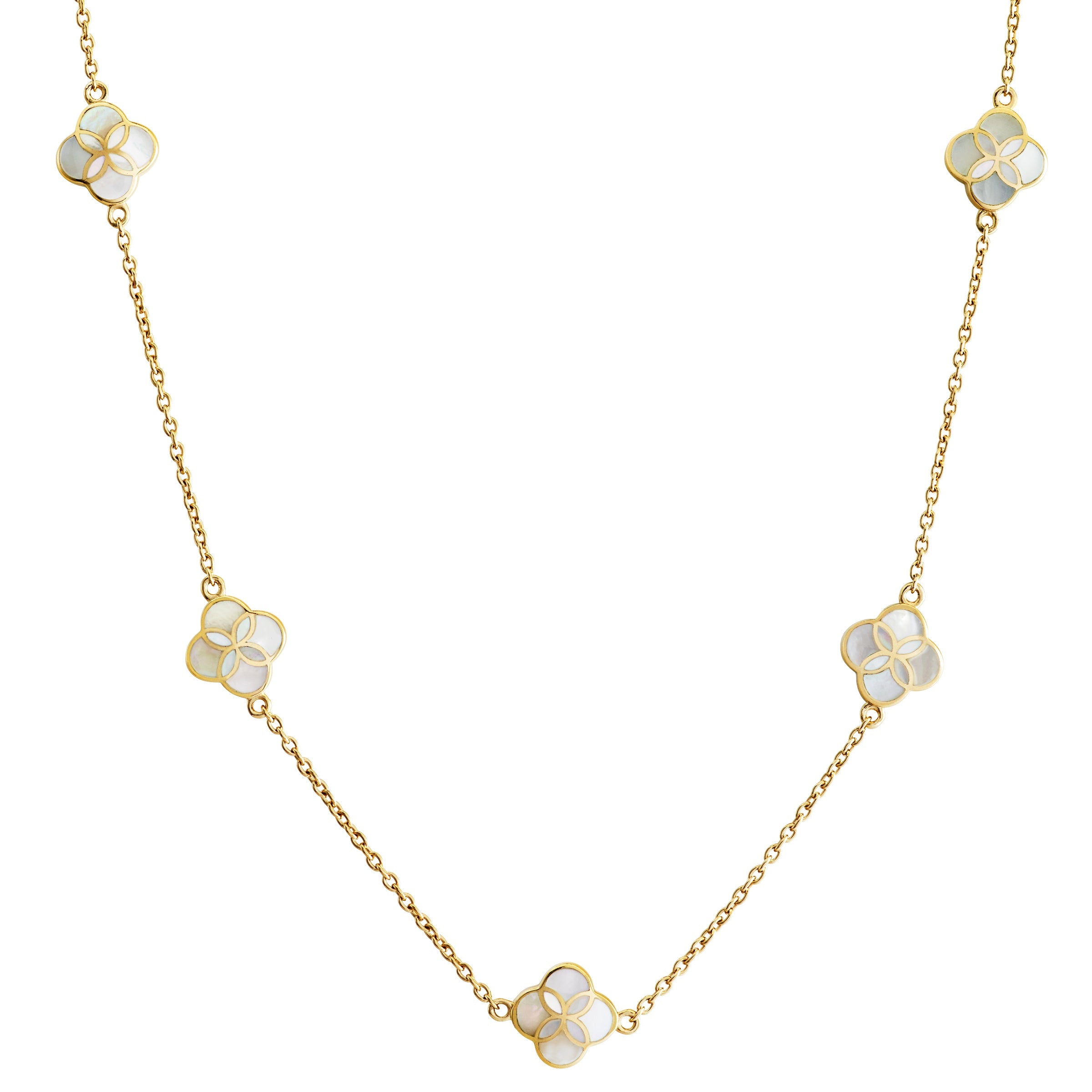 Mother-of-pearl clover station necklace on gold cable chain — Jan Leslie