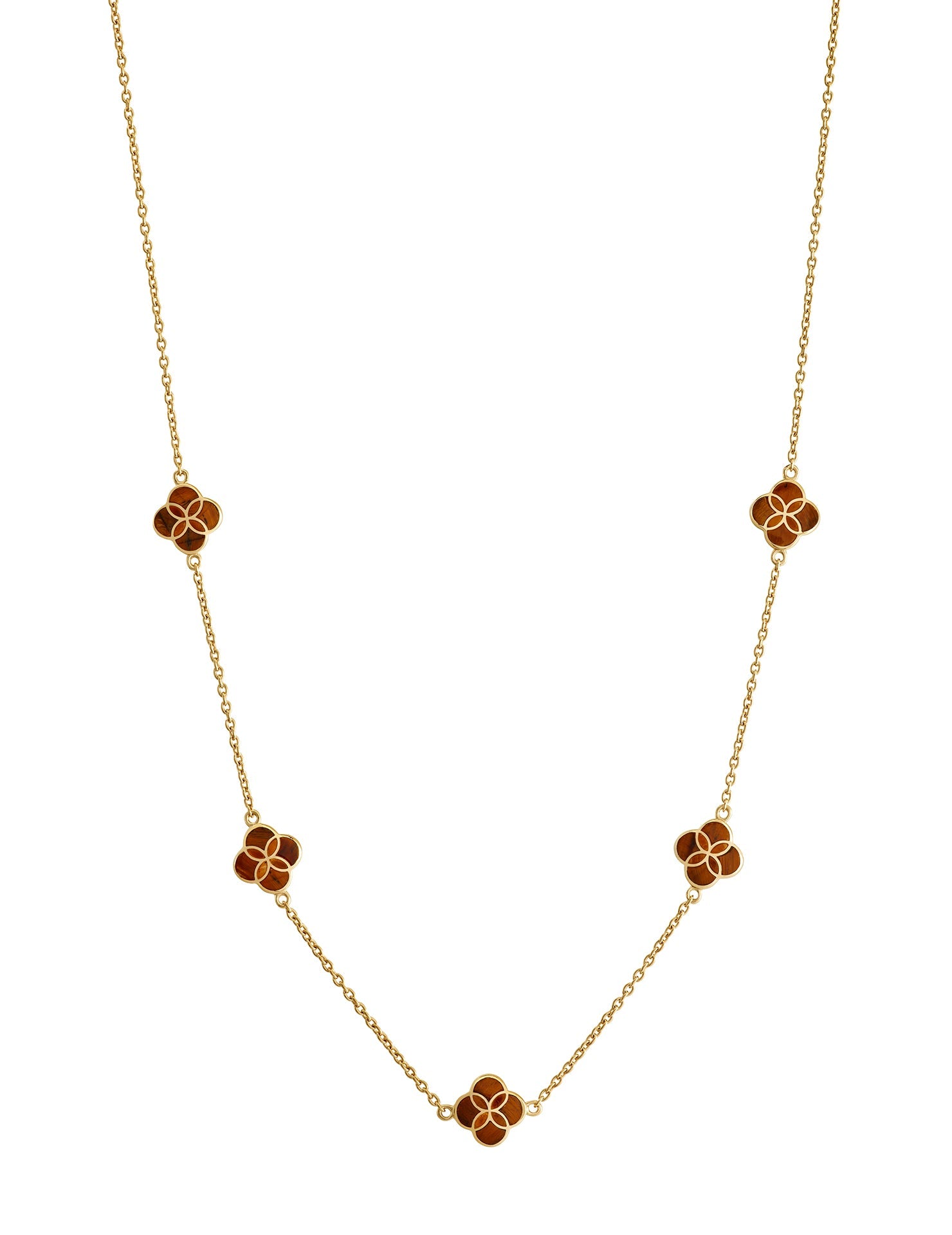 Tiger's eye clover station necklace on gold cable chain — Jan Leslie