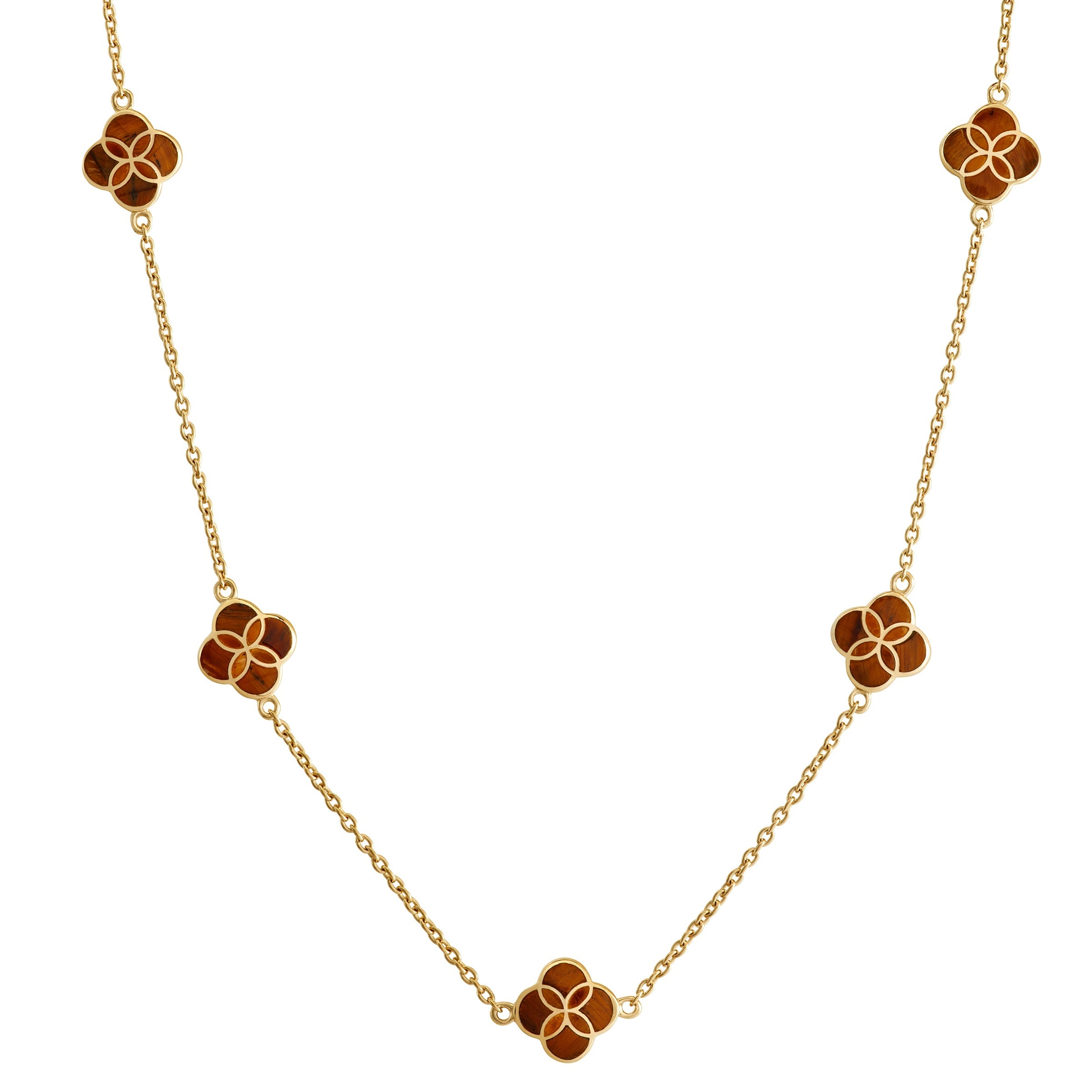 Tiger's eye clover station necklace on gold cable chain — Jan Leslie