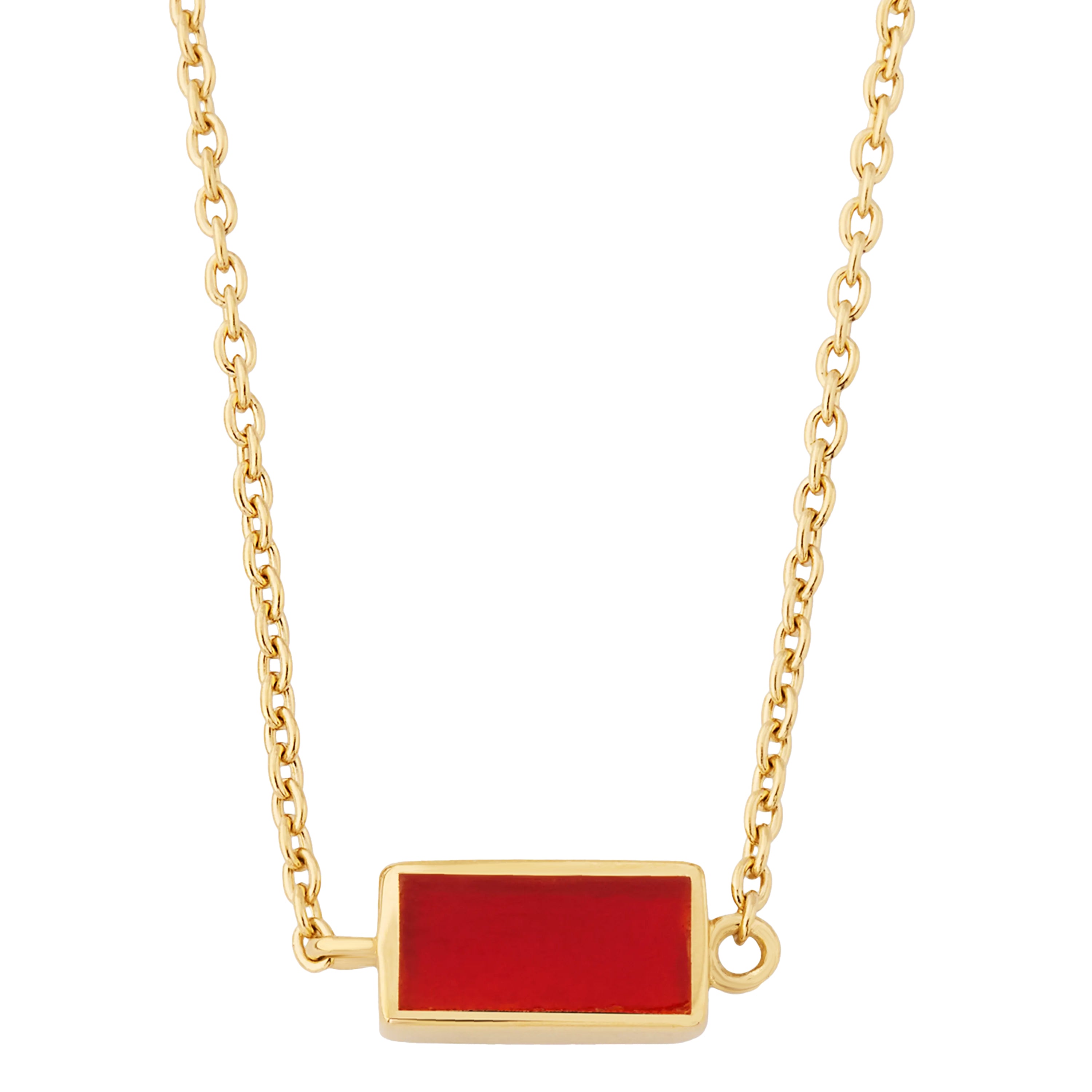 Rectangular carnelian bar pendant necklace on gold rolo chain by Jan Leslie.