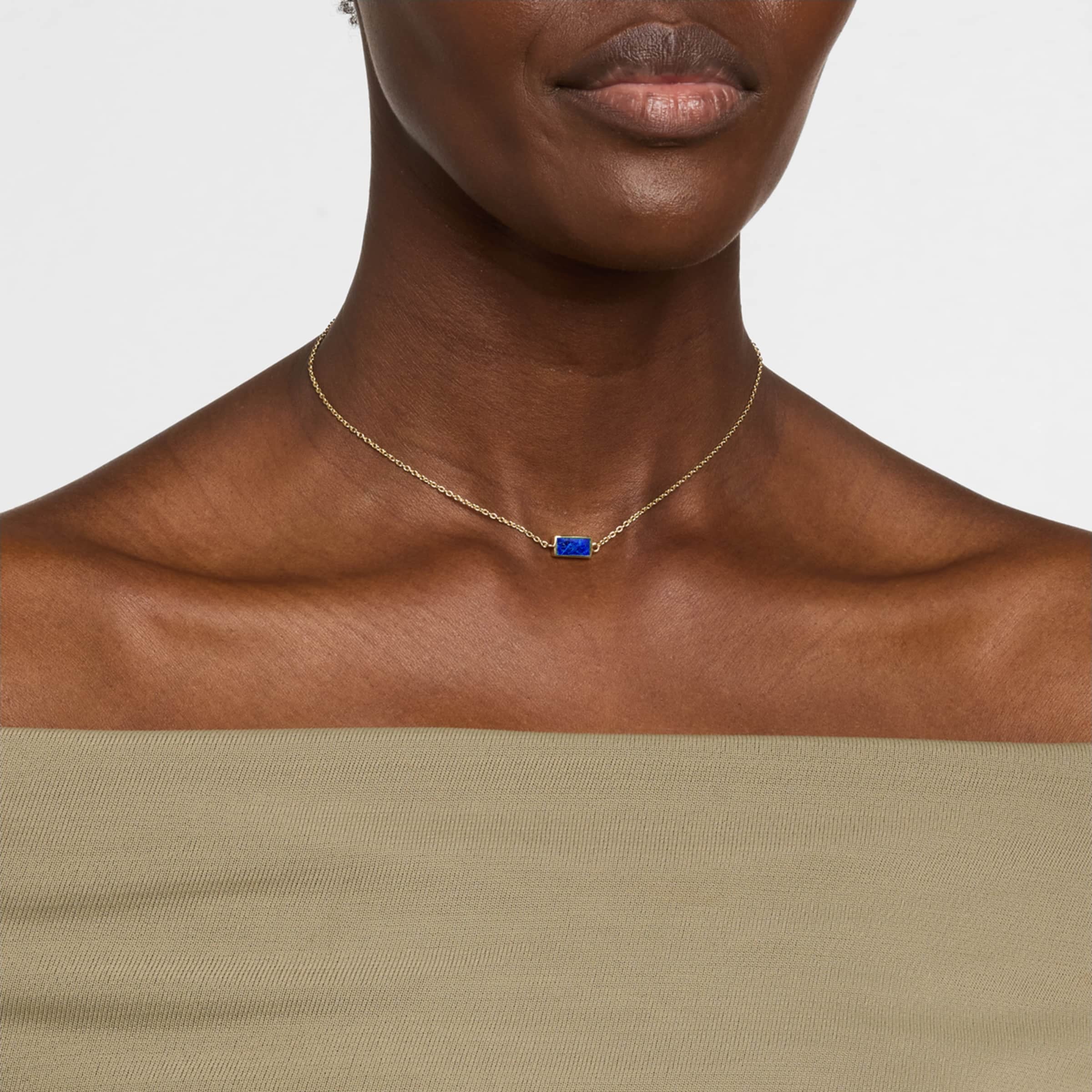  Model wearing lapis lazuli bar pendant necklace on gold rolo chain by Jan Leslie.