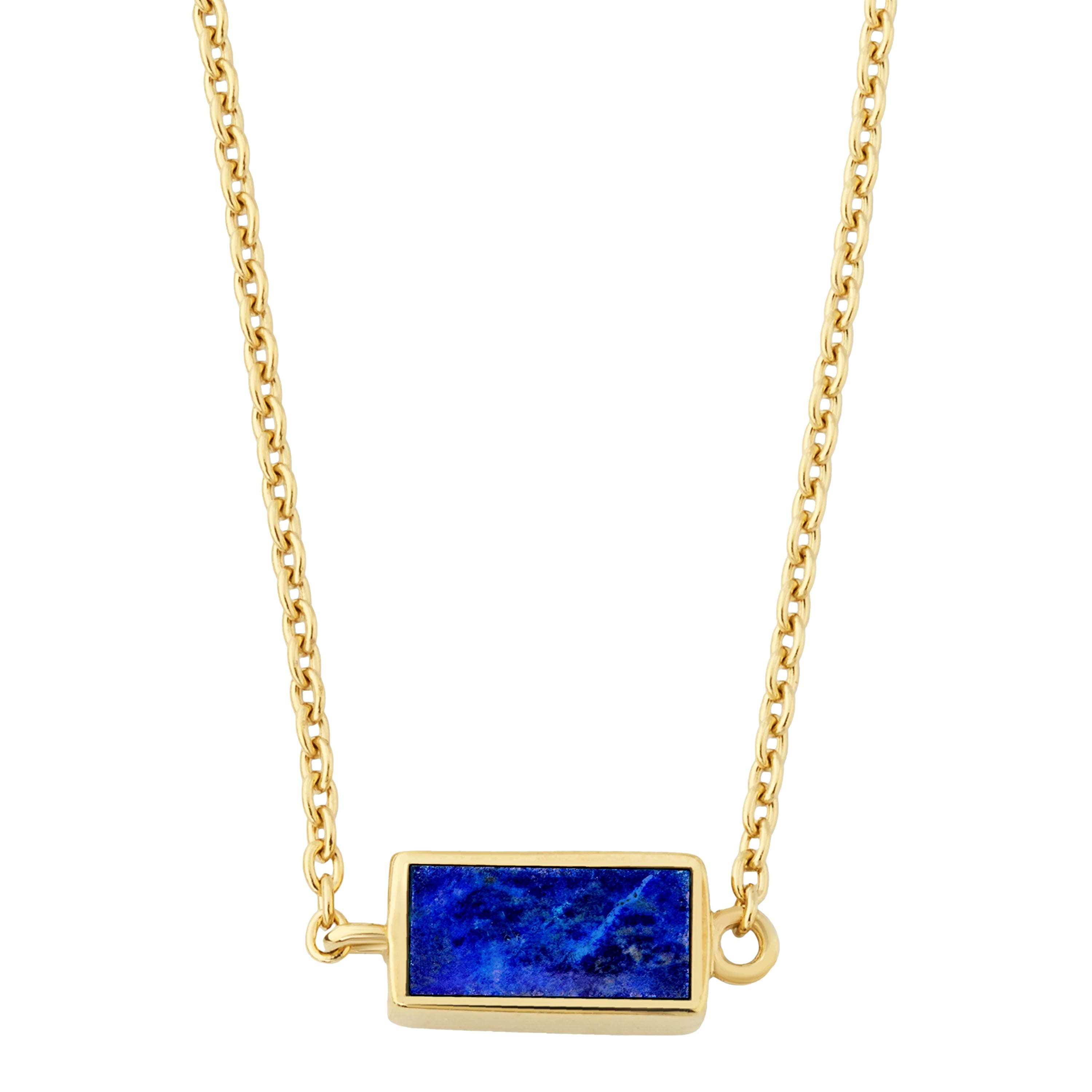  Rectangular lapis lazuli bar pendant necklace on gold rolo chain by Jan Leslie.
