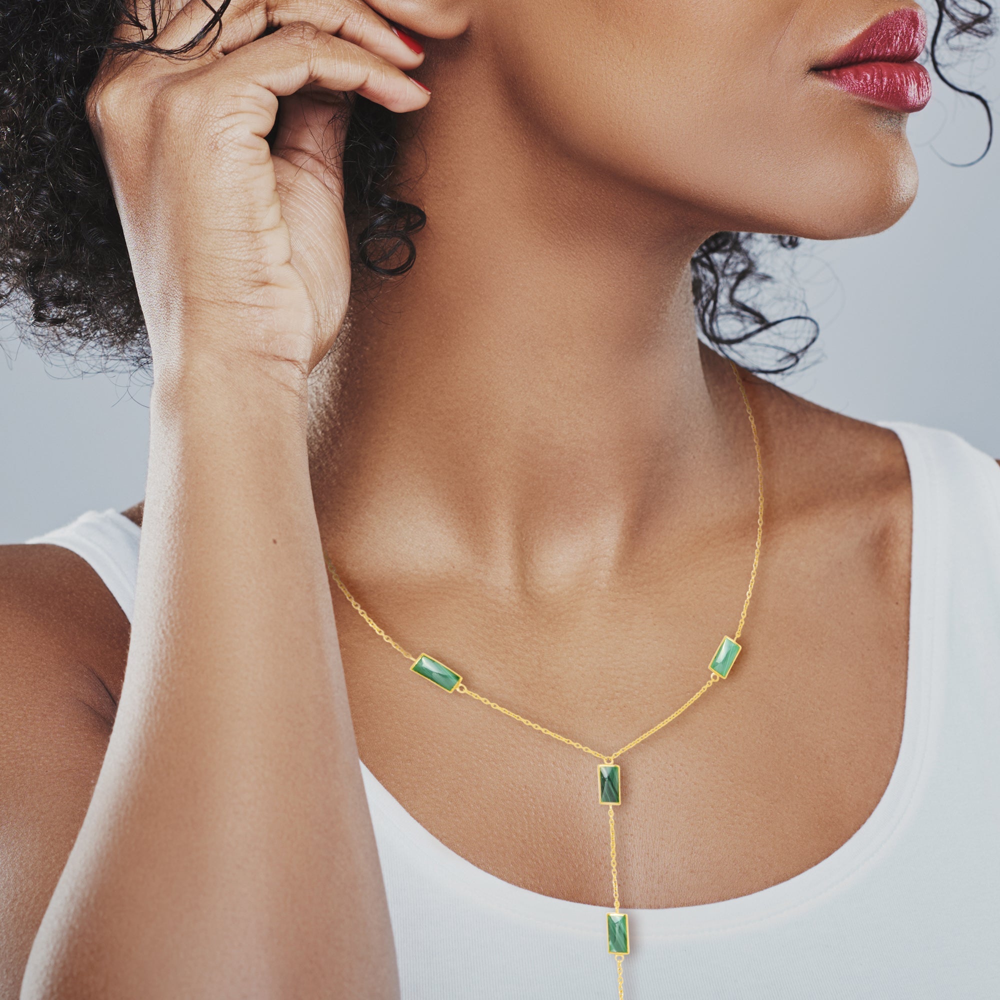 Gold vermeil sterling silver five-station malachite rectangle Y-lariat necklace with bezel-set banded green stone stations on delicate cable chain and adjustable lobster clasp, Jan Leslie luxury women's fine jewelry.