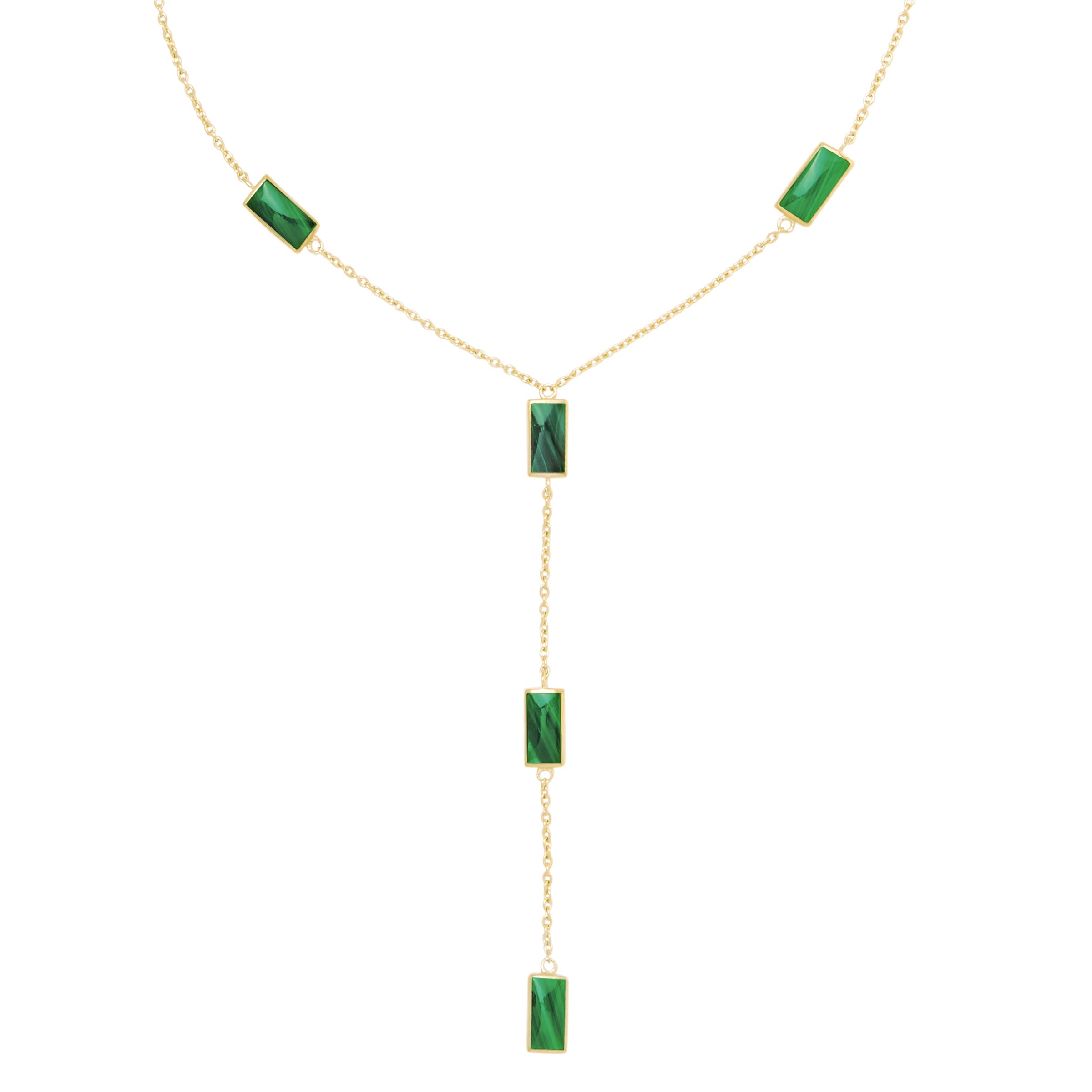 Close-up of gold vermeil lobster clasp and adjustable extender chain with Jan Leslie engraved signature disc charm on malachite rectangle Y-lariat necklace, luxury women's fine jewelry.