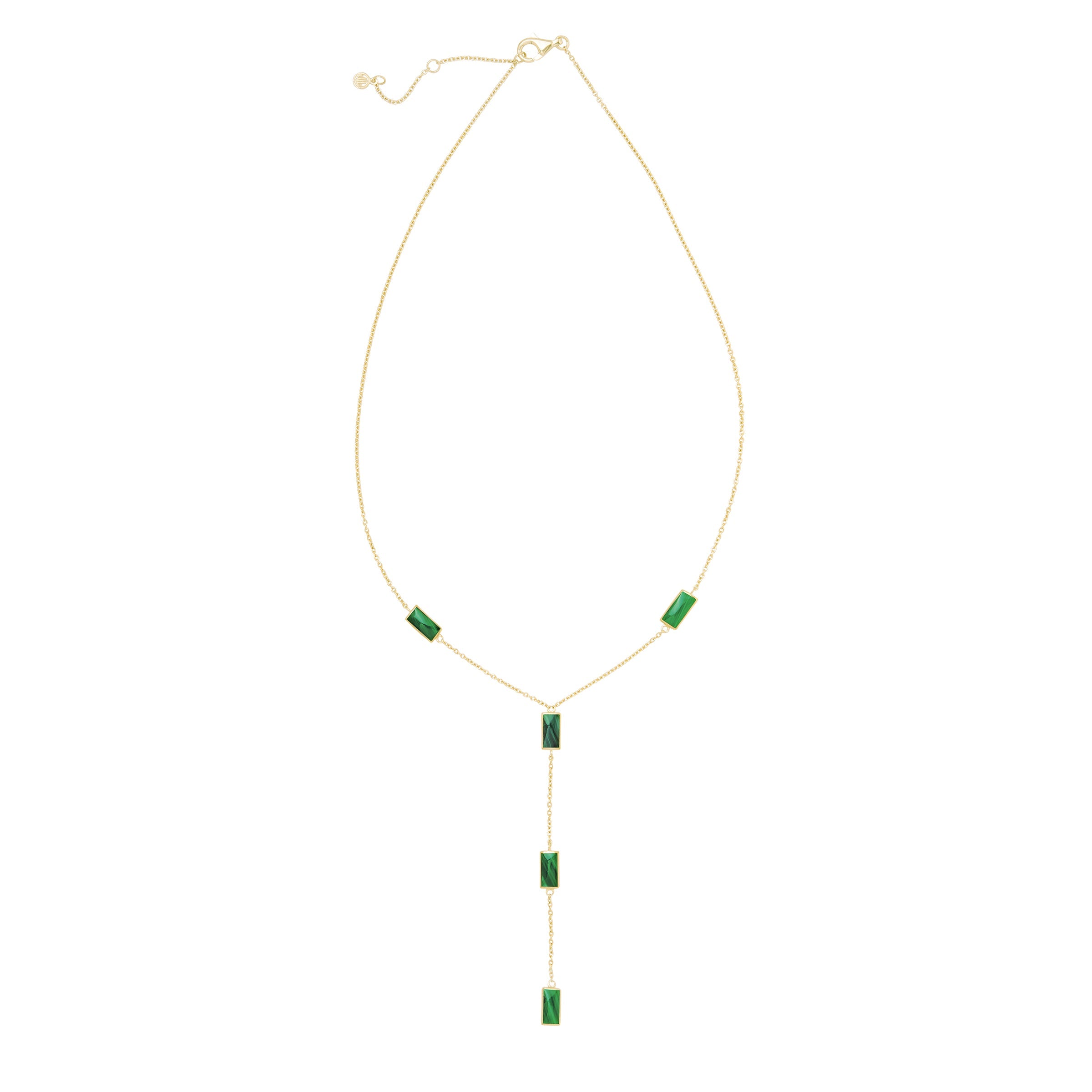 Gold vermeil malachite rectangle Y-lariat necklace with banded green stone stations at collarbone and plunging drop.