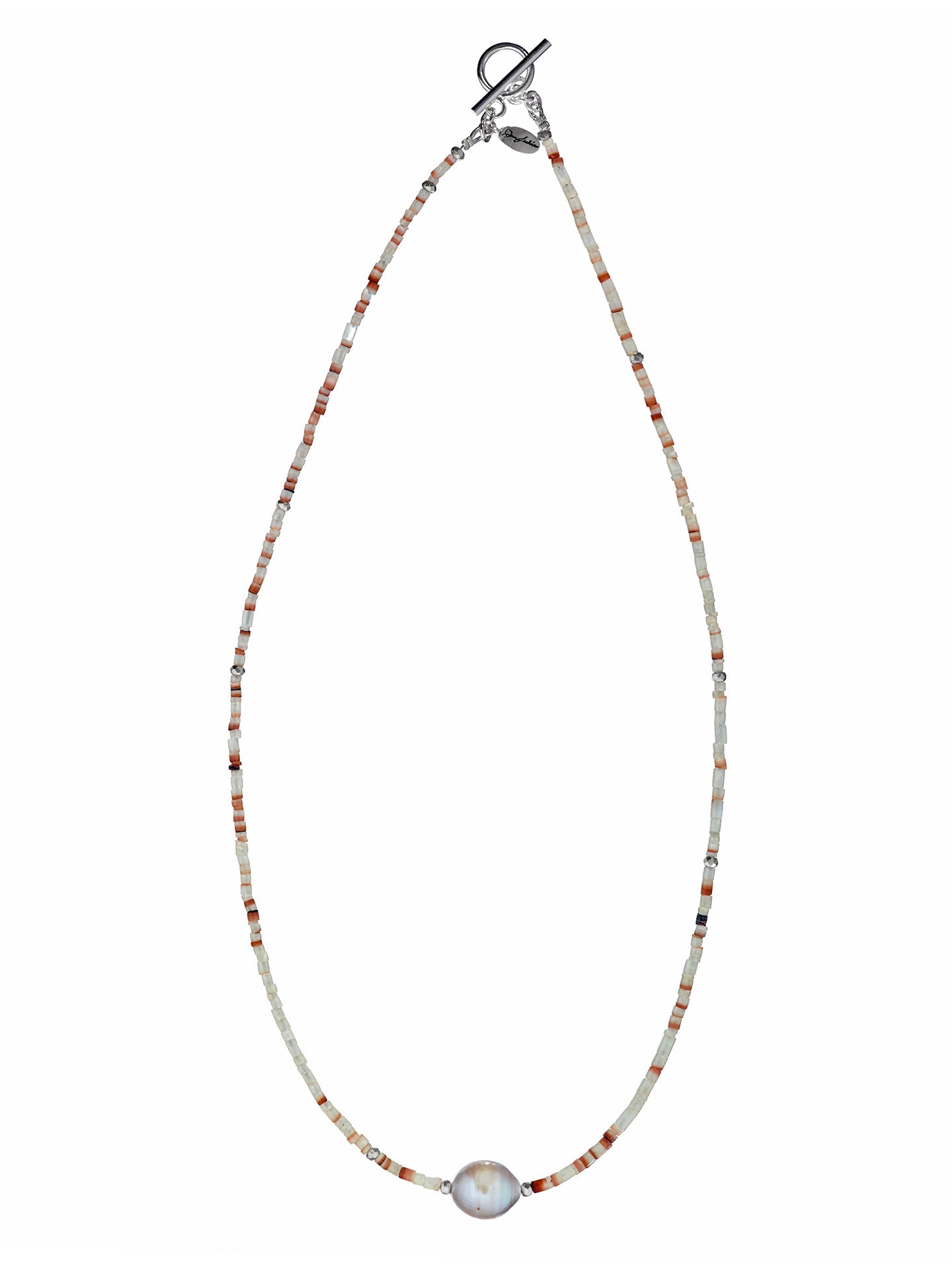 Full view of the Freshwater Pearl Center White Shell Beaded Necklace with Sterling Silver Accents. 