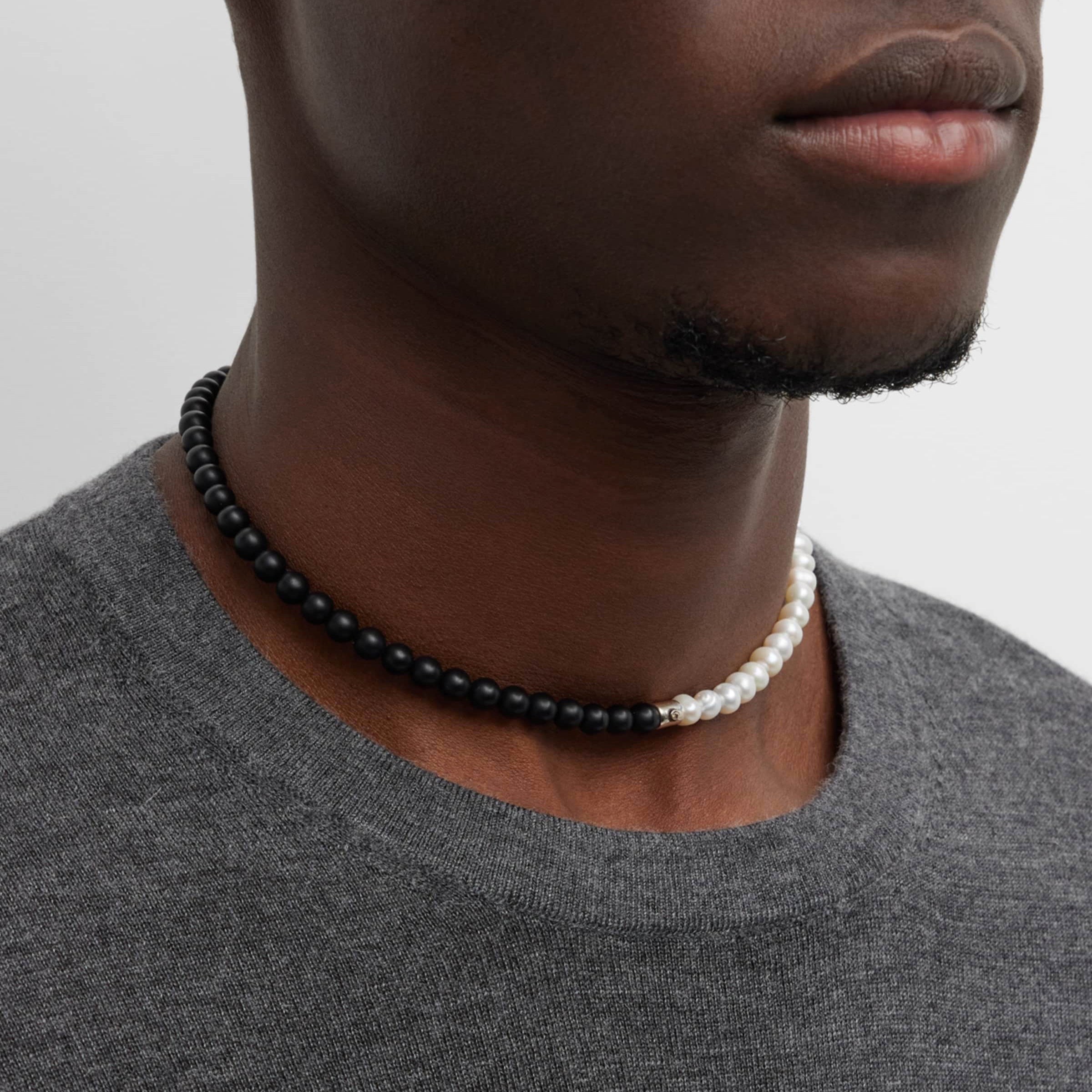 Men's Two-Tone Black Onyx & Freshwater Pearl Beaded Choker Necklace on Model - Jan Leslie Cufflinks and Accessories