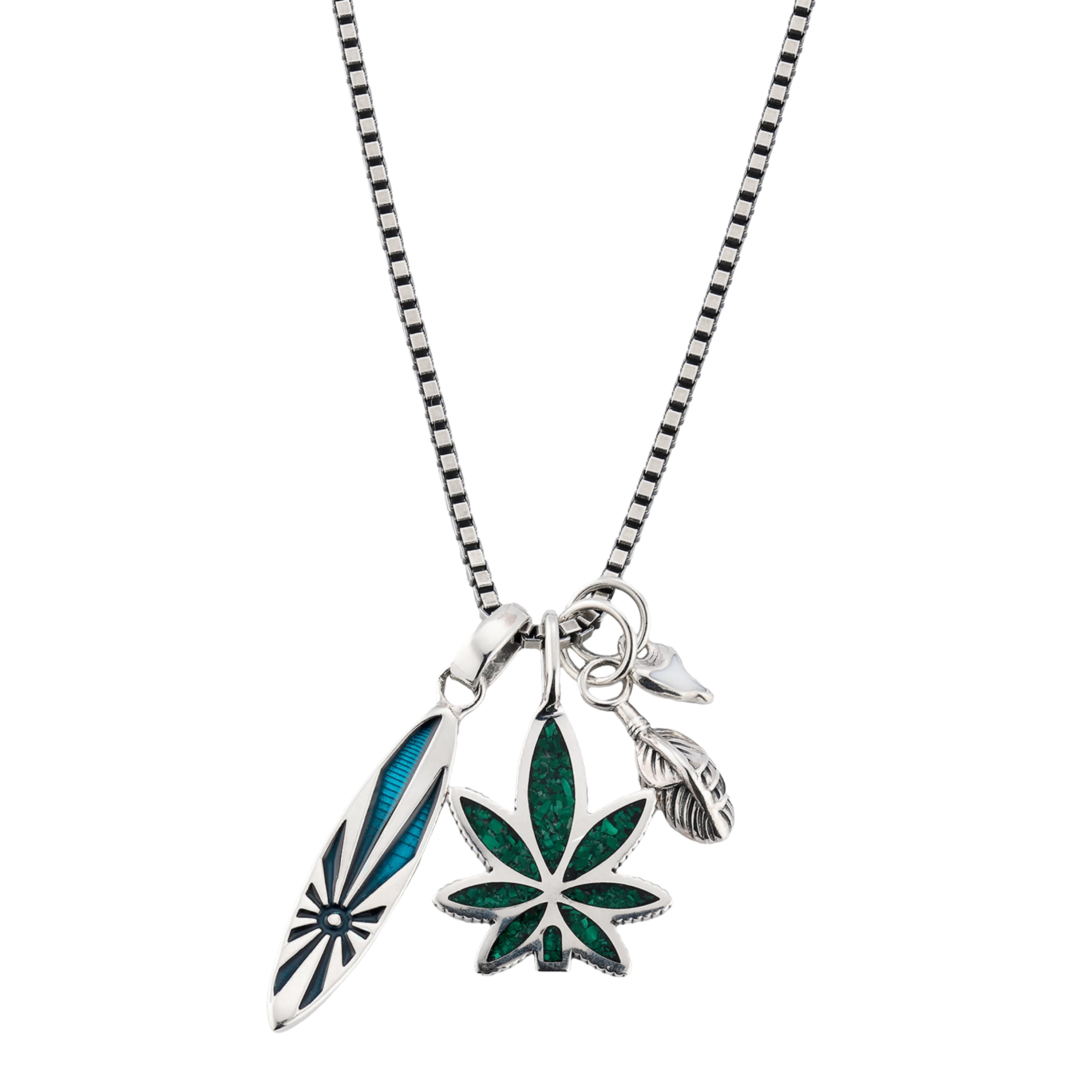 Oxidized sterling silver wide box chain necklace full draped view showing malachite inlay cannabis leaf blue abalone surfboard and sterling silver feather charm cluster by Jan Leslie