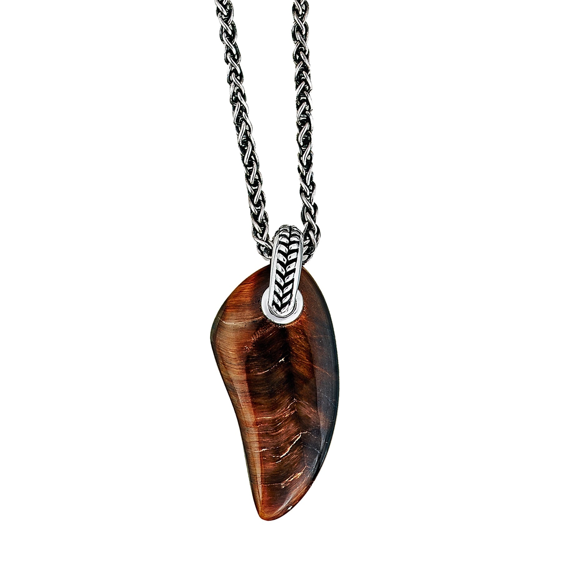 Oxidized sterling silver Balinese wheat chain necklace tiger eye claw pendant close-up showing swirling amber-brown chatoyant fibrous inclusions and Balinese chevron-engraved bail by Jan Leslie