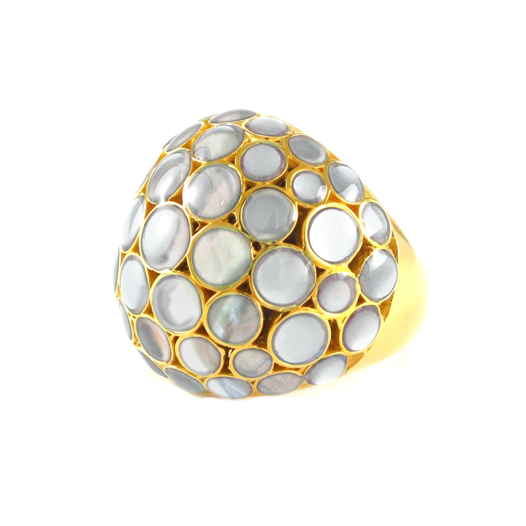 Gold vermeil grey mother-of-pearl bubble dome cocktail ring full angled view showing dome silhouette iridescent MOP surface and polished gold shank by Jan Leslie