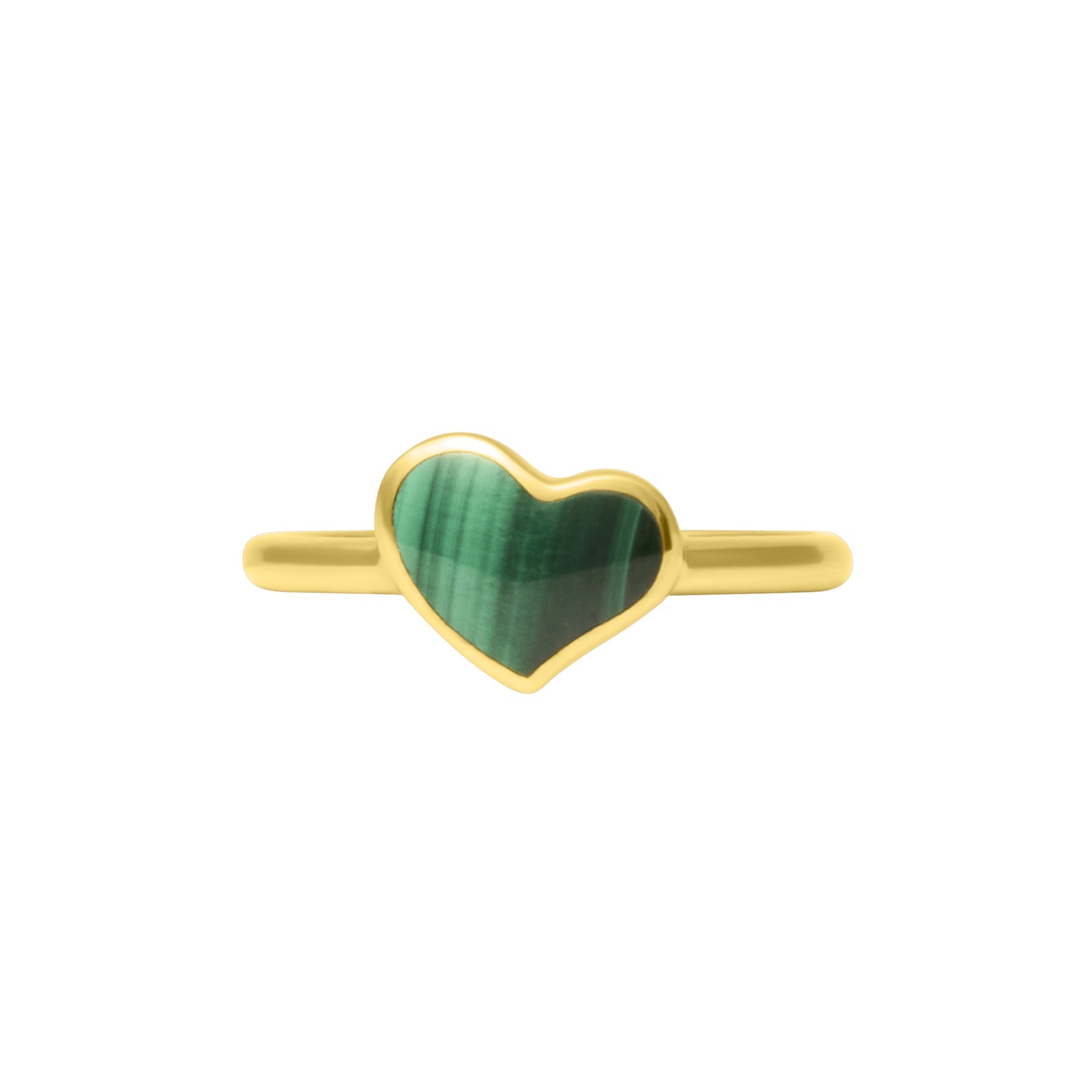 Front face view of gold vermeil sterling silver single malachite heart solitaire ring with bezel-set banded green stone and polished yellow gold band, Jan Leslie luxury women's fine jewelry.