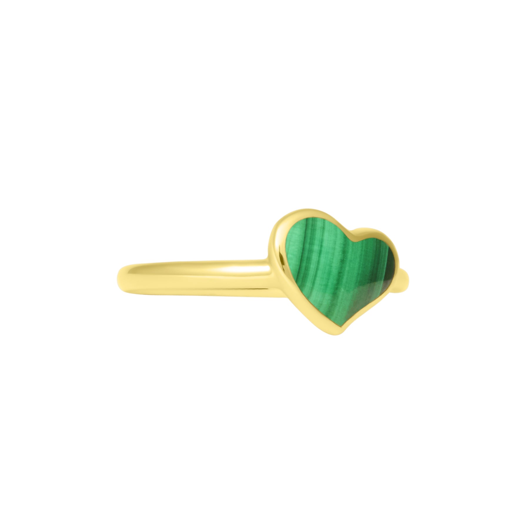 Side profile view of gold vermeil sterling silver single malachite heart solitaire ring showing banded green stone depth and slim polished yellow gold band, Jan Leslie luxury women's fine jewelry.