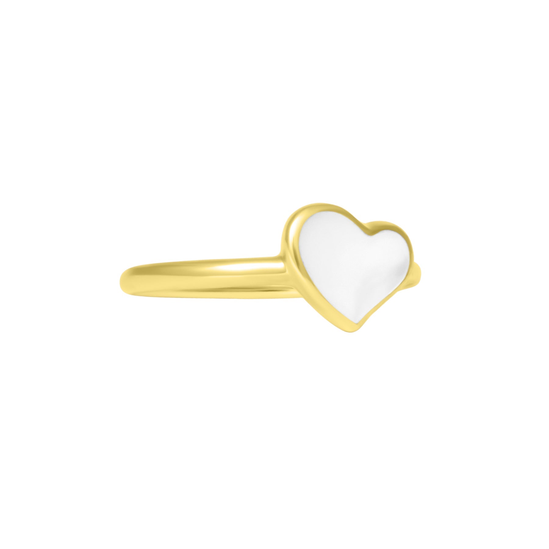 Angled view of gold vermeil sterling silver single white mother of pearl heart solitaire ring with bezel-set iridescent stone and slim polished yellow gold band, Jan Leslie luxury women's fine jewelry.