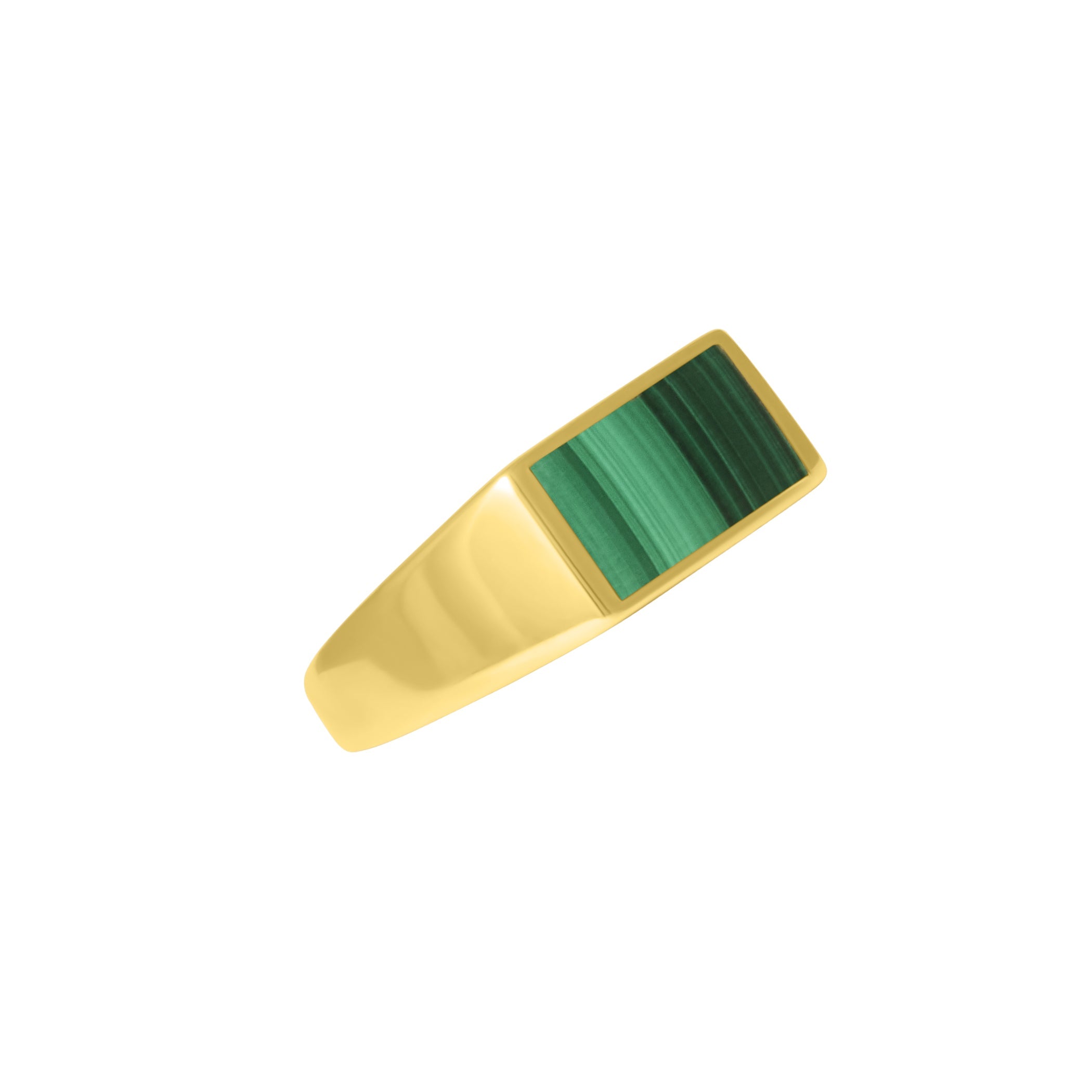 Side profile view of gold vermeil sterling silver rectangular malachite signet ring showing banded green stone depth and polished tapered gold shank, Jan Leslie luxury men's fine jewelry.