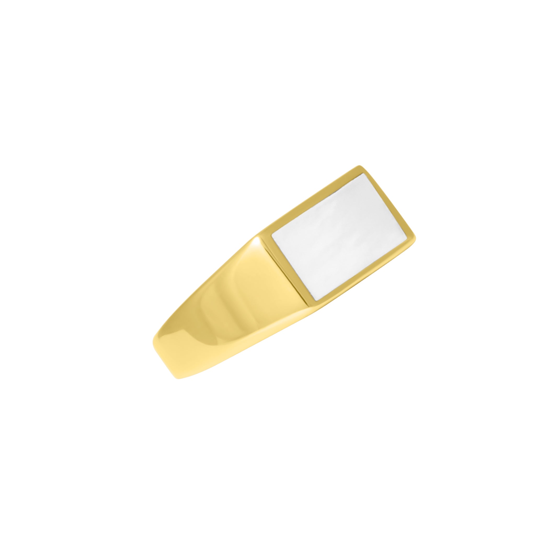 Gold vermeil sterling silver rectangular white mother of pearl signet ring with bezel-set iridescent stone inlay and tapered polished band with Jan Leslie hallmark, luxury men's fine jewelry.