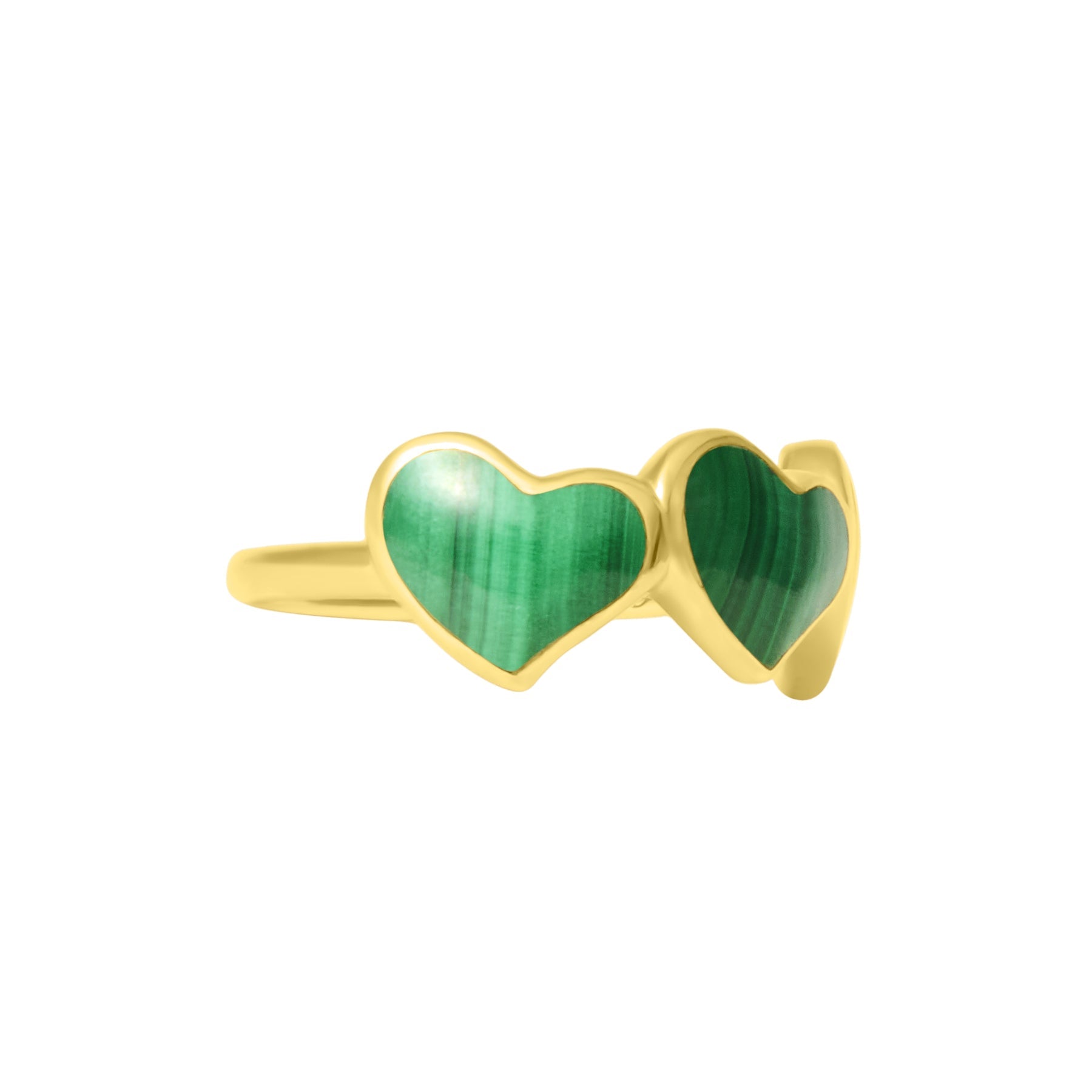 Side profile view of gold vermeil sterling silver double malachite heart ring showing banded green stone texture and polished yellow gold band, Jan Leslie luxury women's fine jewelry.