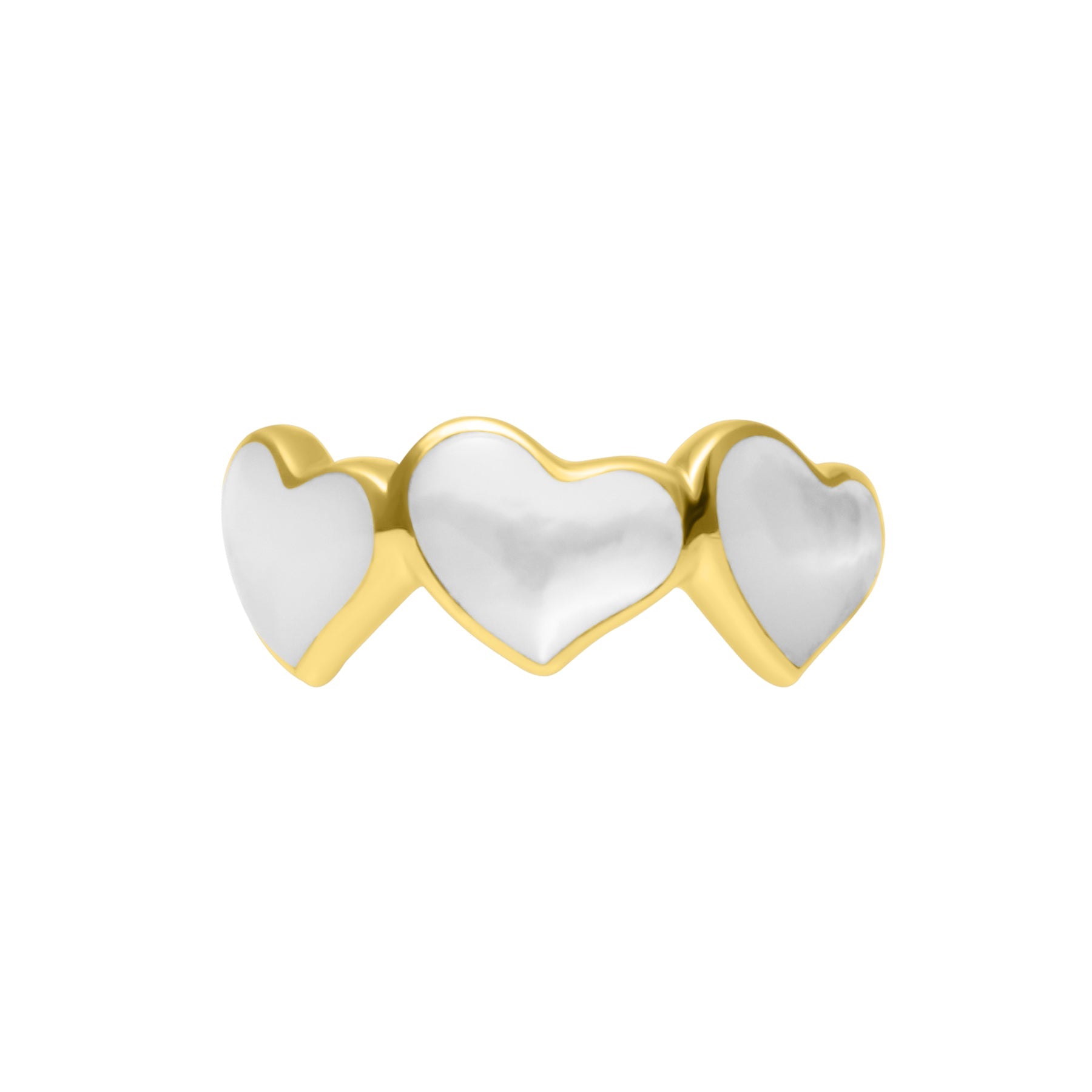 Front face view of gold vermeil sterling silver triple white mother of pearl heart eternity band ring with three bezel-set iridescent heart inlays, Jan Leslie luxury women's fine jewelry.