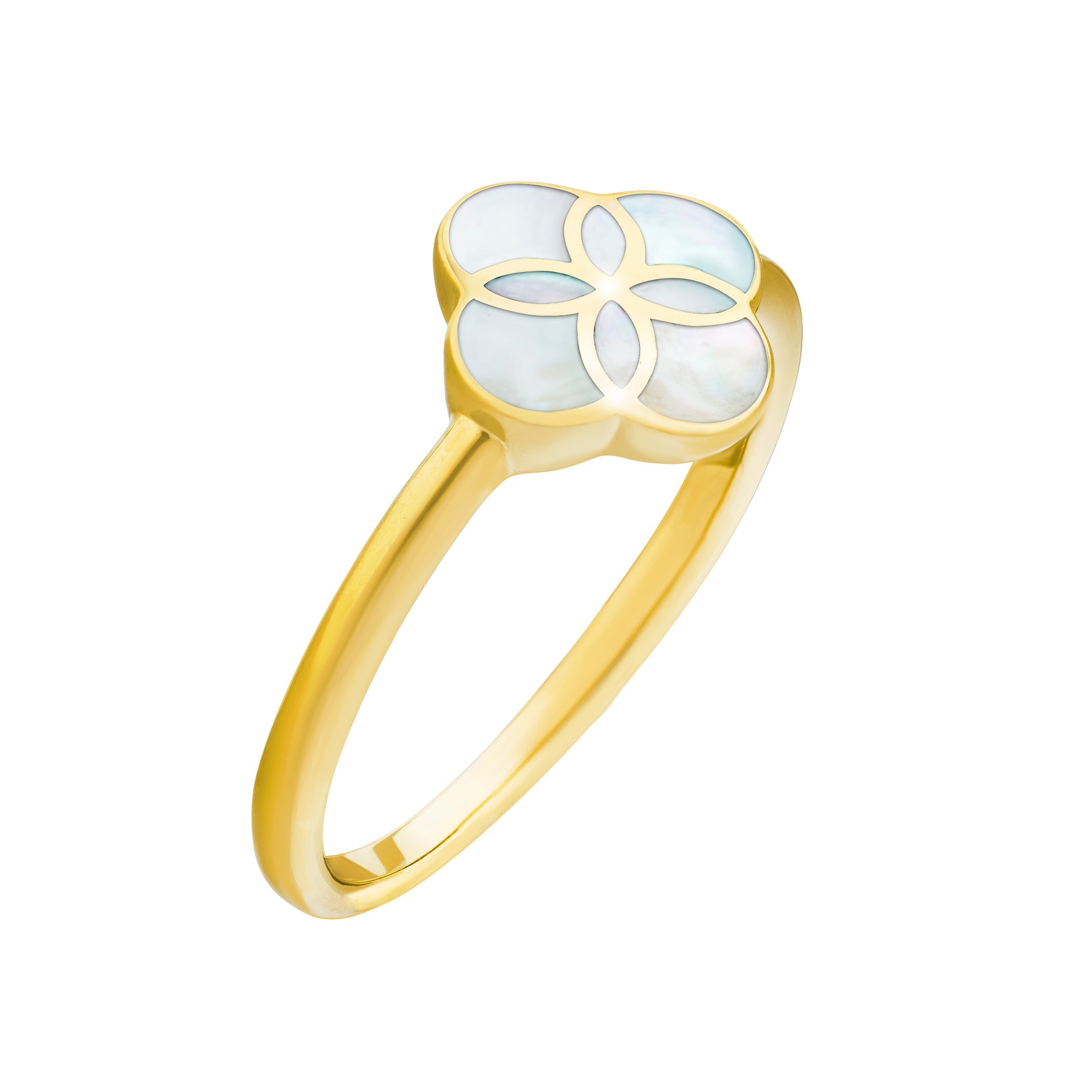 Angled front view of gold vermeil sterling silver white mother of pearl floral lattice quatrefoil ring showing iridescent shell inlay with gold curved petal overlay and polished tapered band, Jan Leslie luxury women's fine jewelry