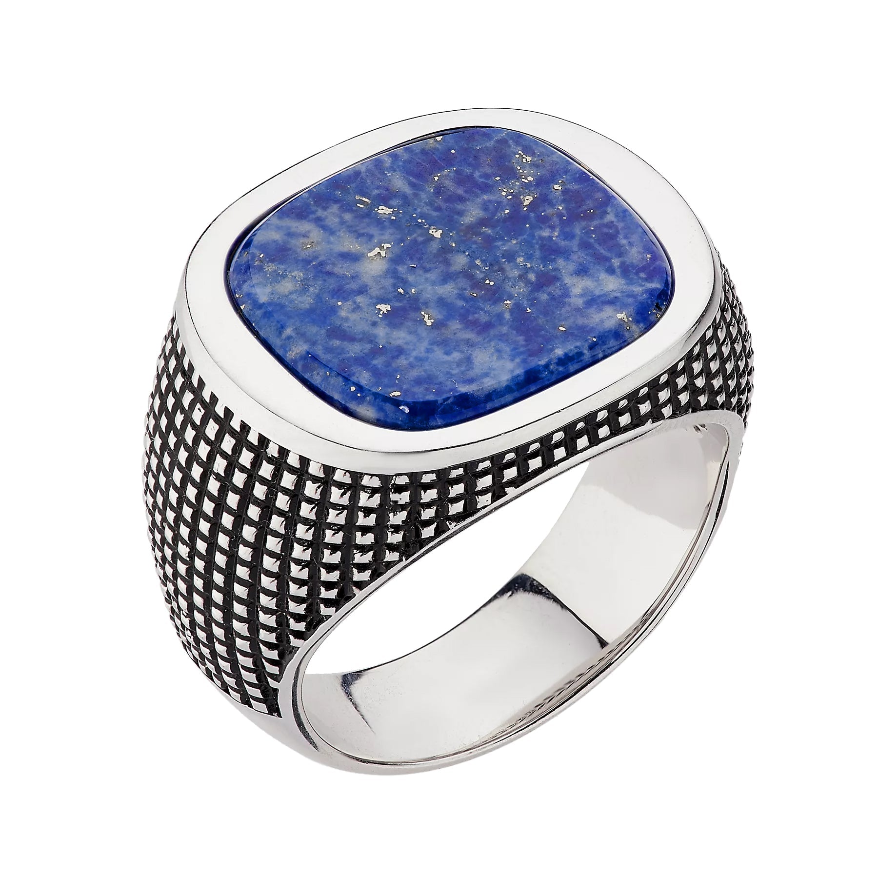 Sterling silver oxidized mesh-texture wide signet ring face-on view showing cushion-cut lapis lazuli cabochon with gold pyrite flecks polished silver bezel and oxidized cross-hatch mesh shank by Jan Leslie