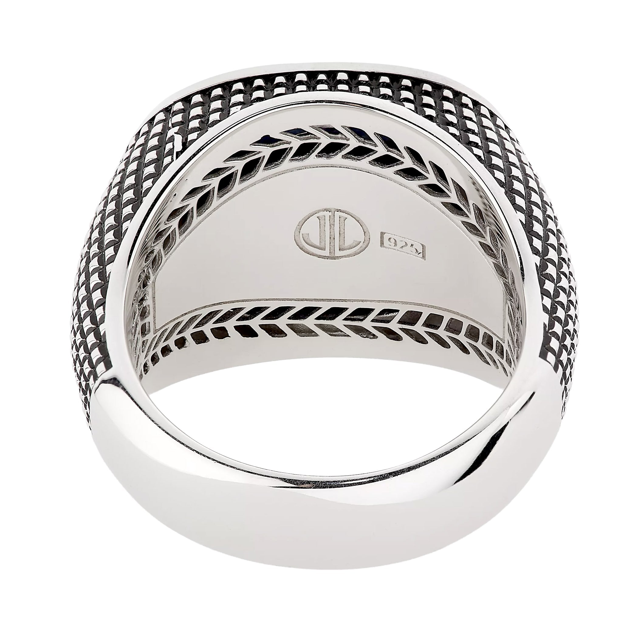 Sterling silver oxidized mesh-texture wide signet ring interior view showing Jan Leslie JL monogram stamp 925 hallmark and oxidized wheat chevron border engraving by Jan Leslie