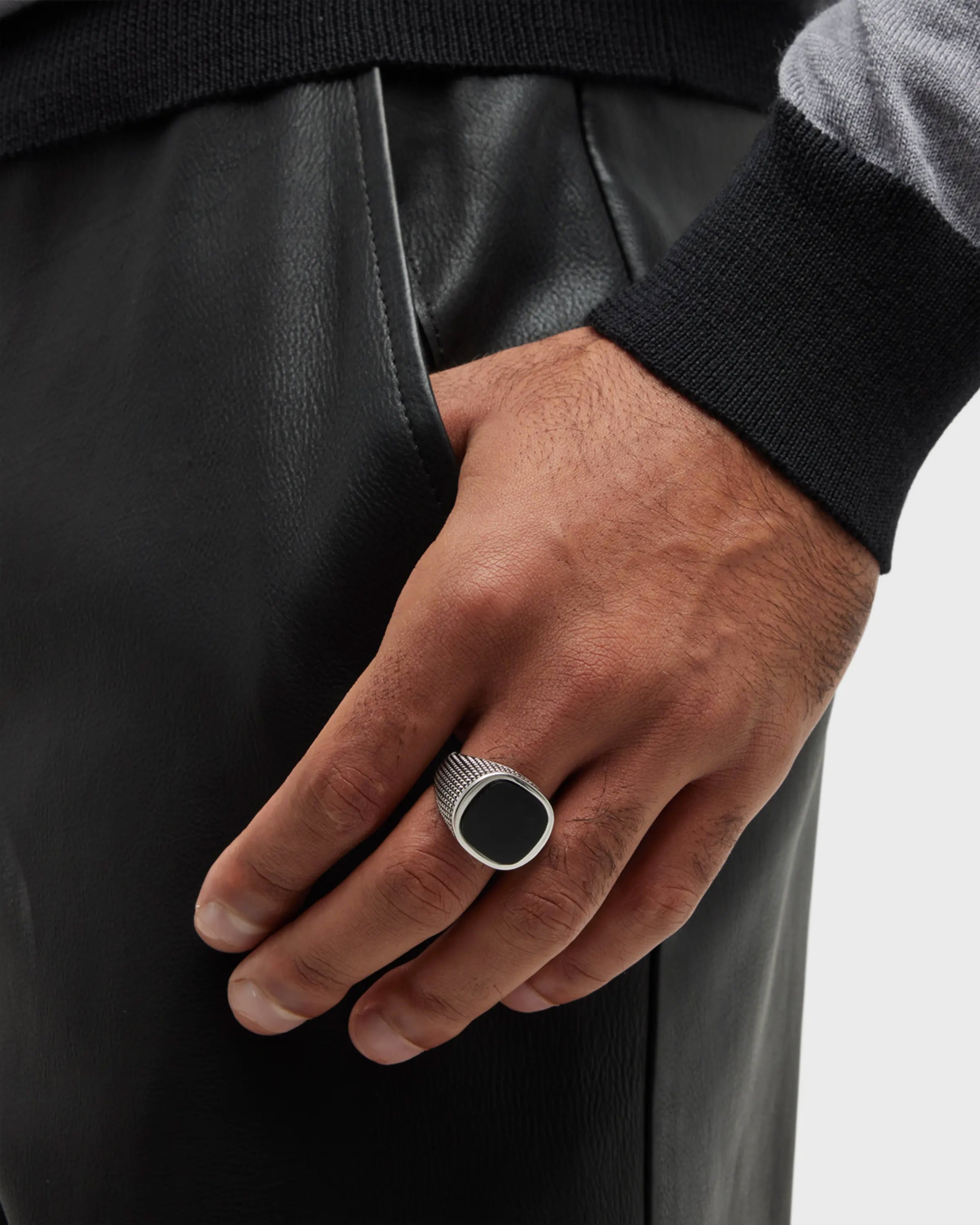 Cushion black onyx sterling silver signet ring with oxidized cross