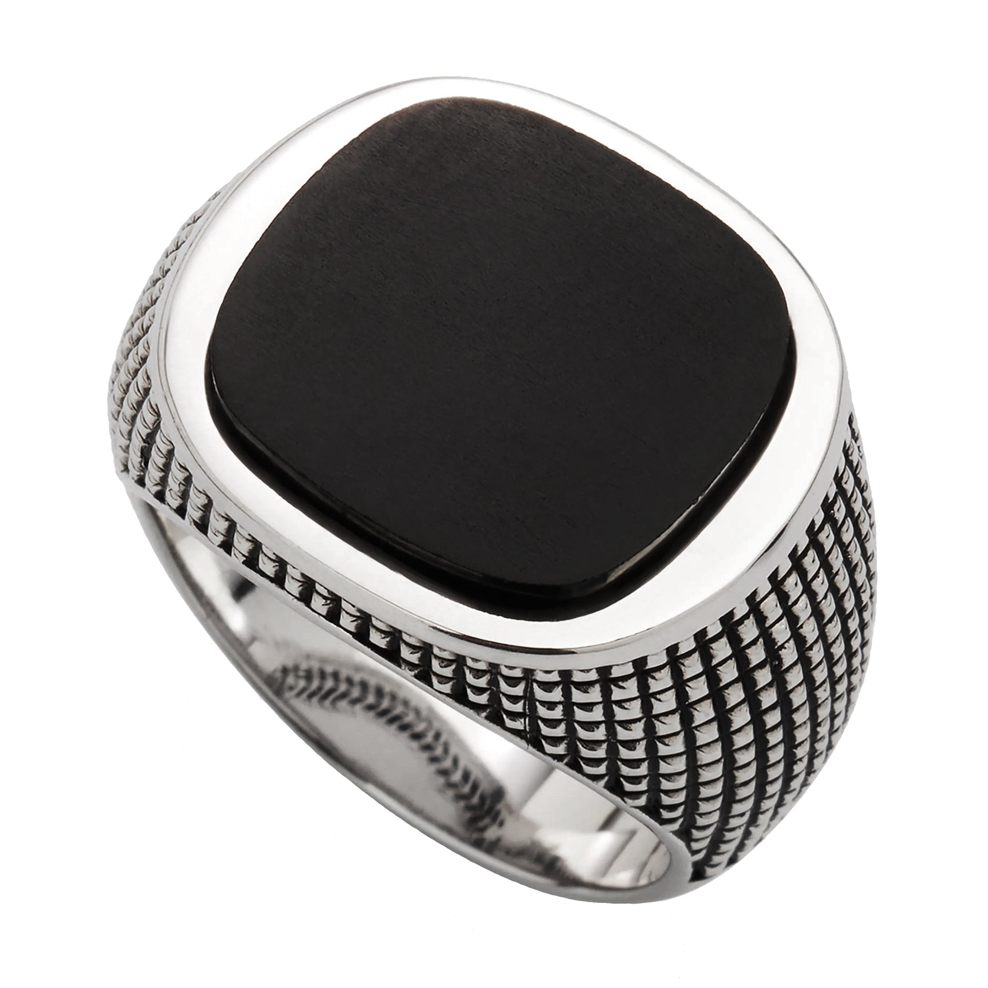 Cushion black onyx sterling silver signet ring with oxidized cross