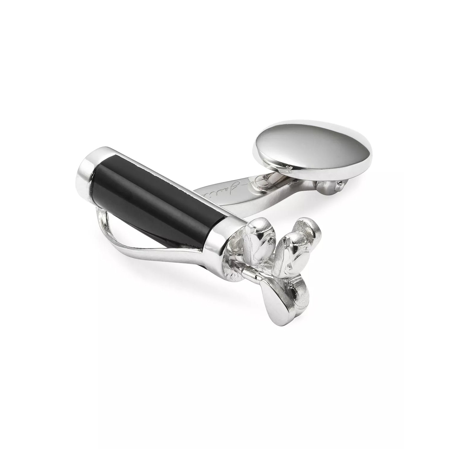 Jan Leslie sterling silver golf bag and clubs cufflinks with black onyx barrel