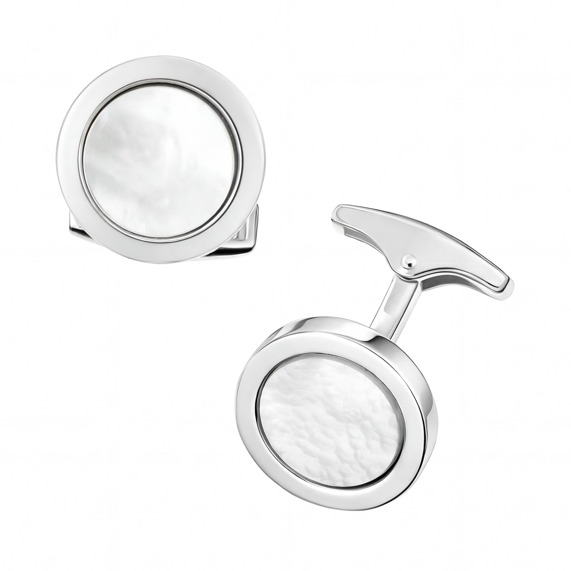 Polished sterling silver round cufflinks with white mother-of-pearl inlay and whale-back closure, Jan Leslie
