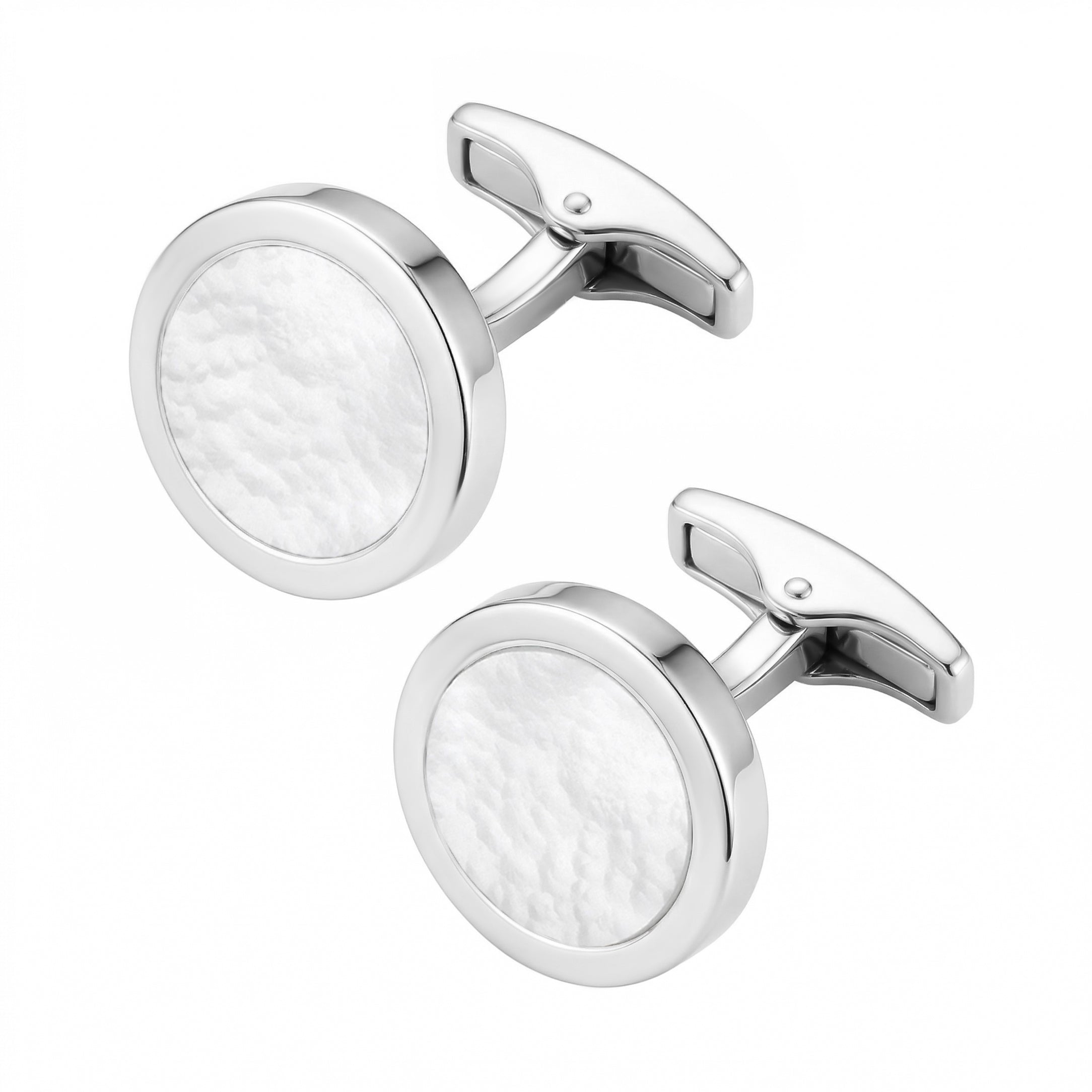 Polished sterling silver round cufflinks with white mother-of-pearl inlay and whale-back closure, Jan Leslie