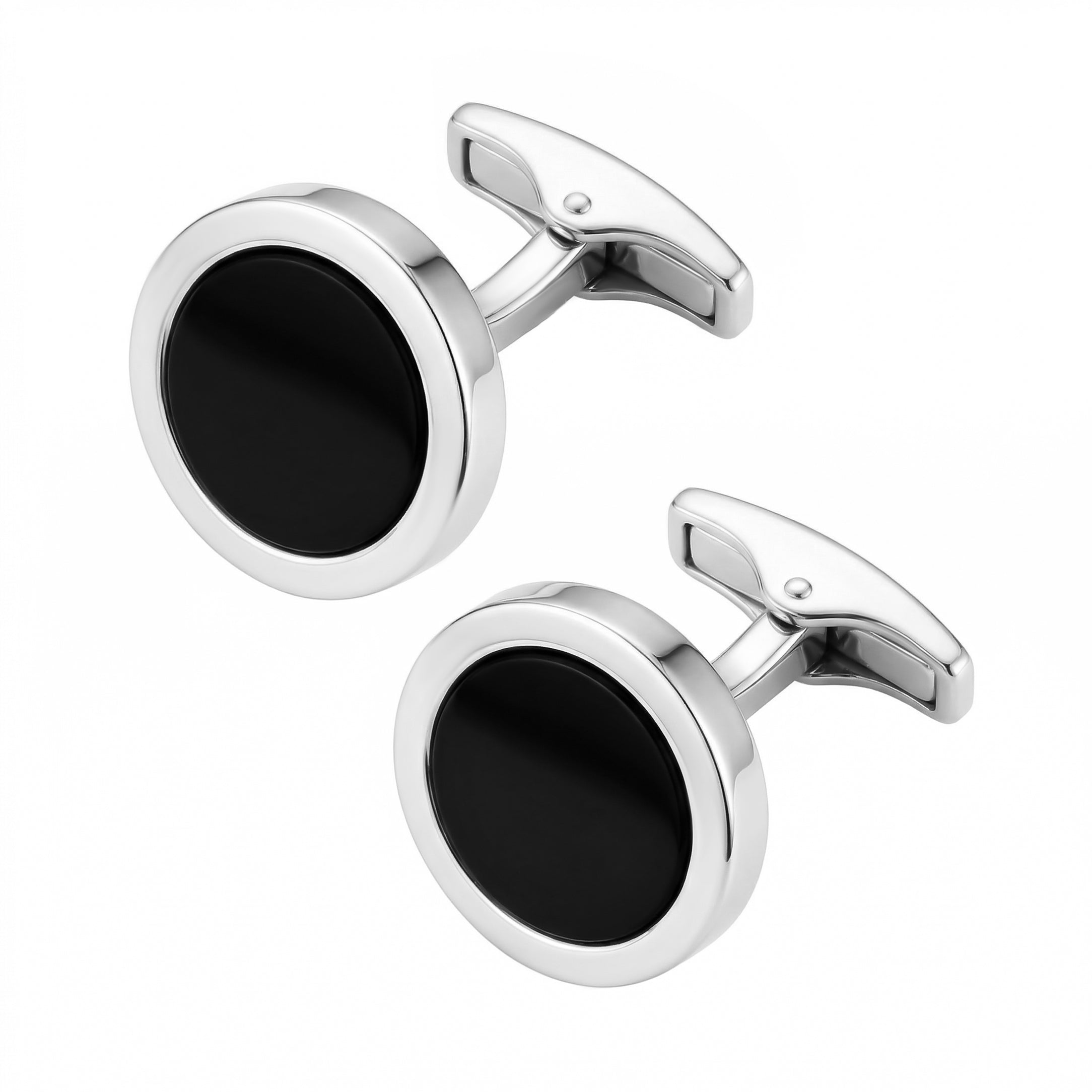 Polished sterling silver round black onyx cufflinks showing whale-back swivel closure, Jan Leslie