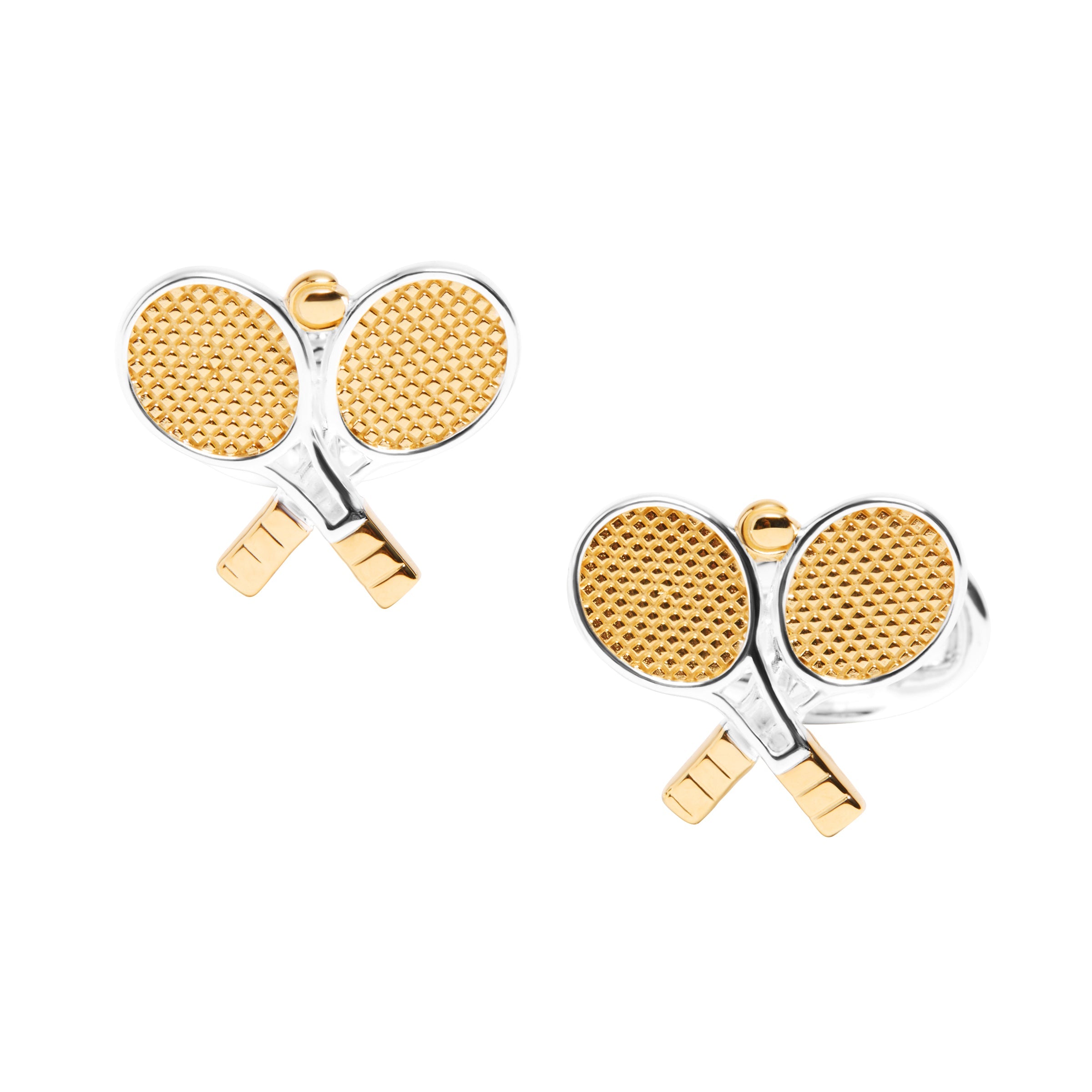 Front view of sterling silver and gold two-tone crossed tennis rackets cufflinks with honeycomb-textured gold string faces and ball accent.