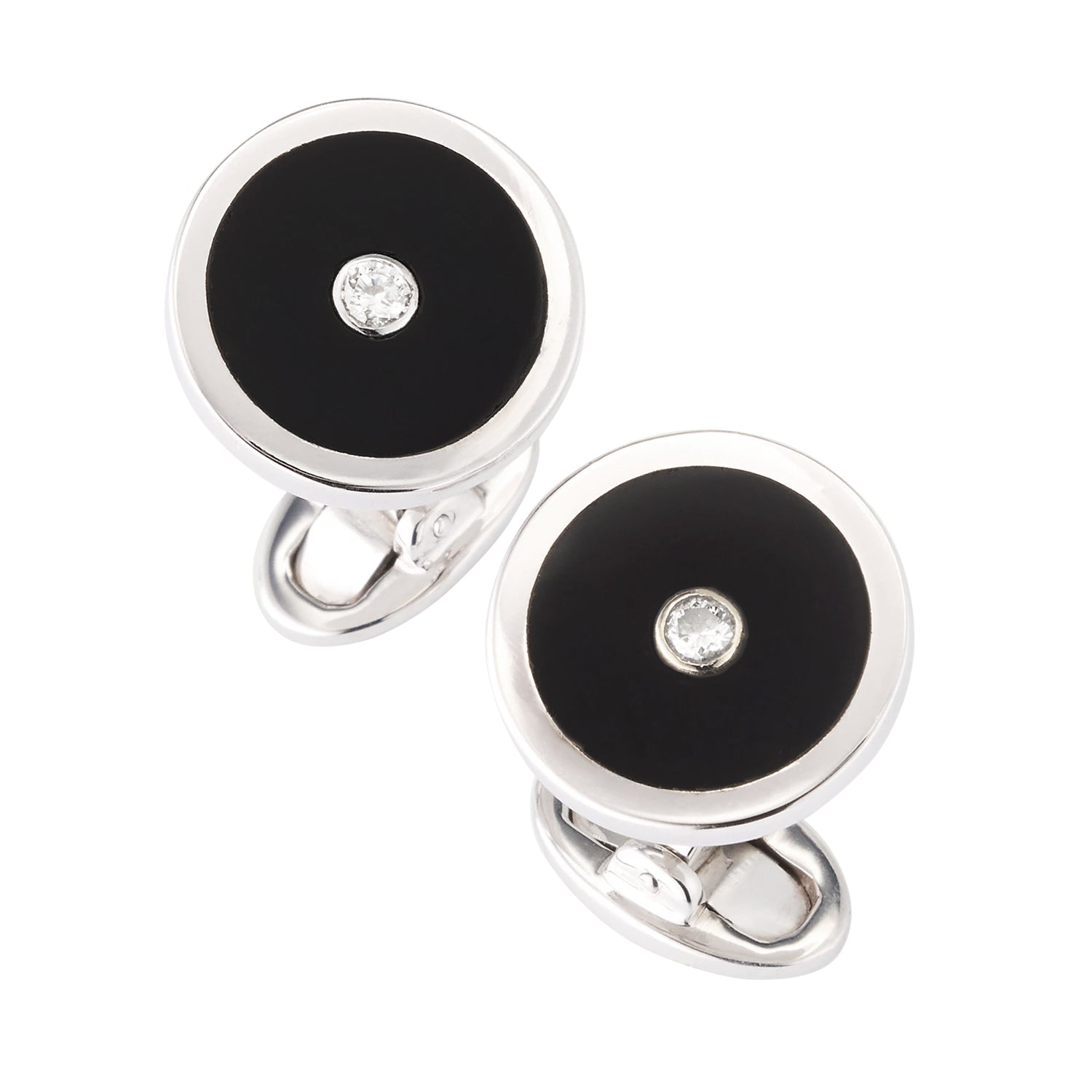 Black onyx and CZ round cufflinks in rhodium-plated sterling silver with whale-back toggle — Jan Leslie