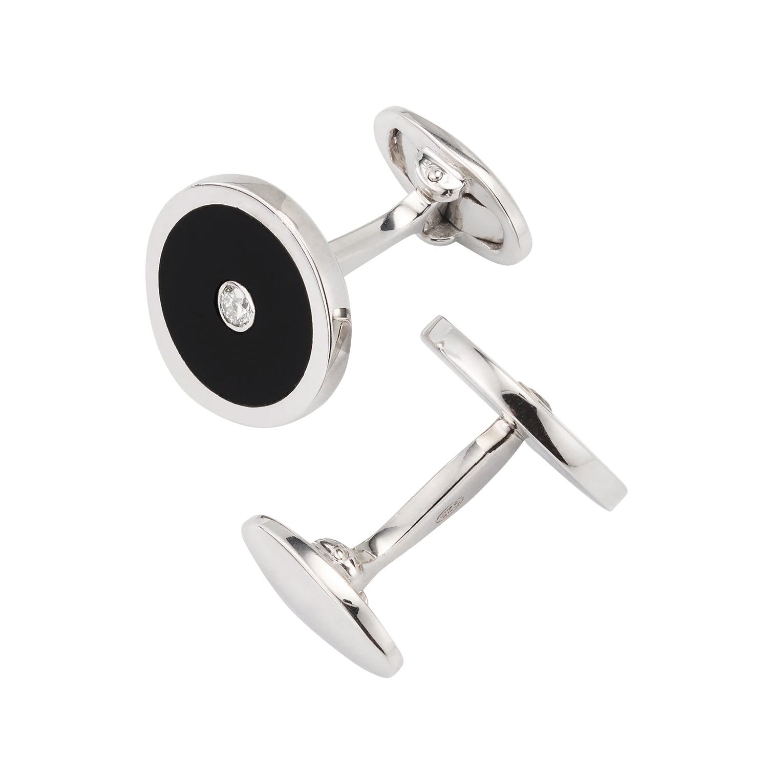 Angled view of black onyx and CZ round cufflinks in sterling silver with toggle bar closure — Jan Leslie