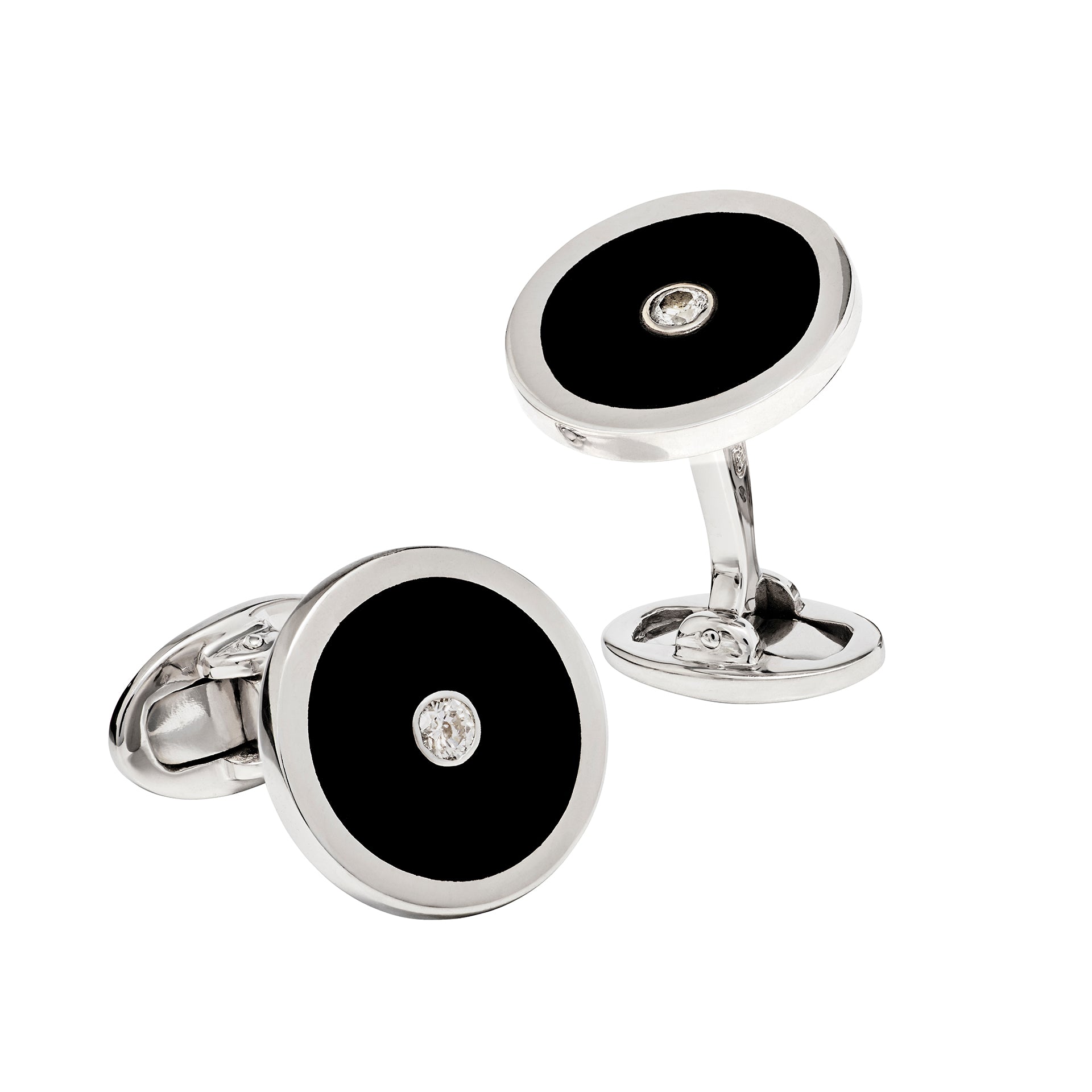 Black onyx and CZ round cufflinks in rhodium-plated sterling silver with whale-back toggle — Jan Leslie