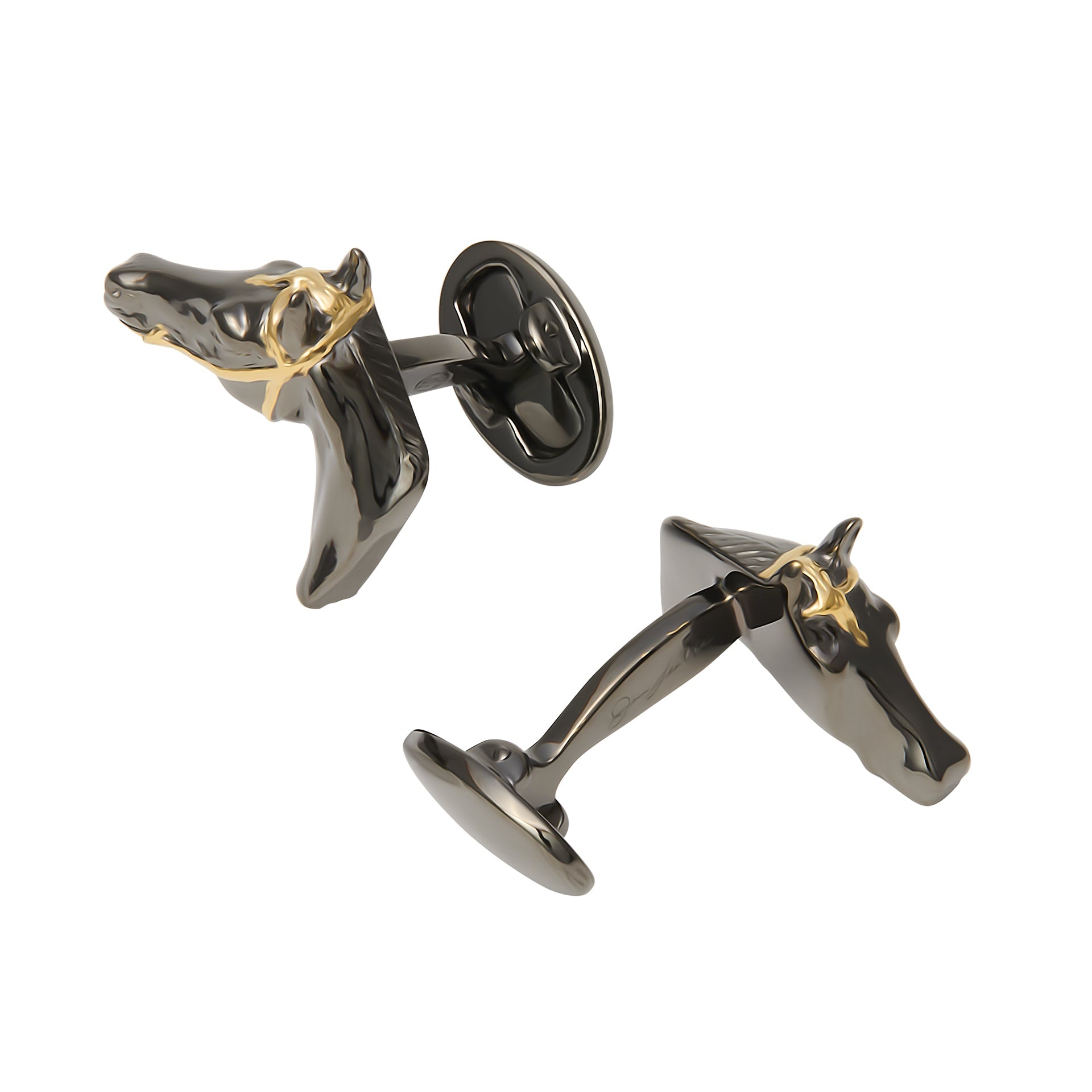 Side and back view of 3D gunmetal horse head cufflinks with gold bridle detail showing oval swivel back closure, luxury equestrian men's fine jewelry.