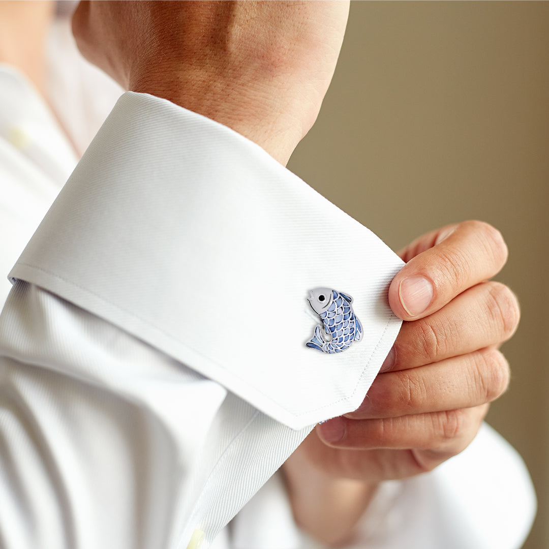 3D blue enamel koi fish cufflink 