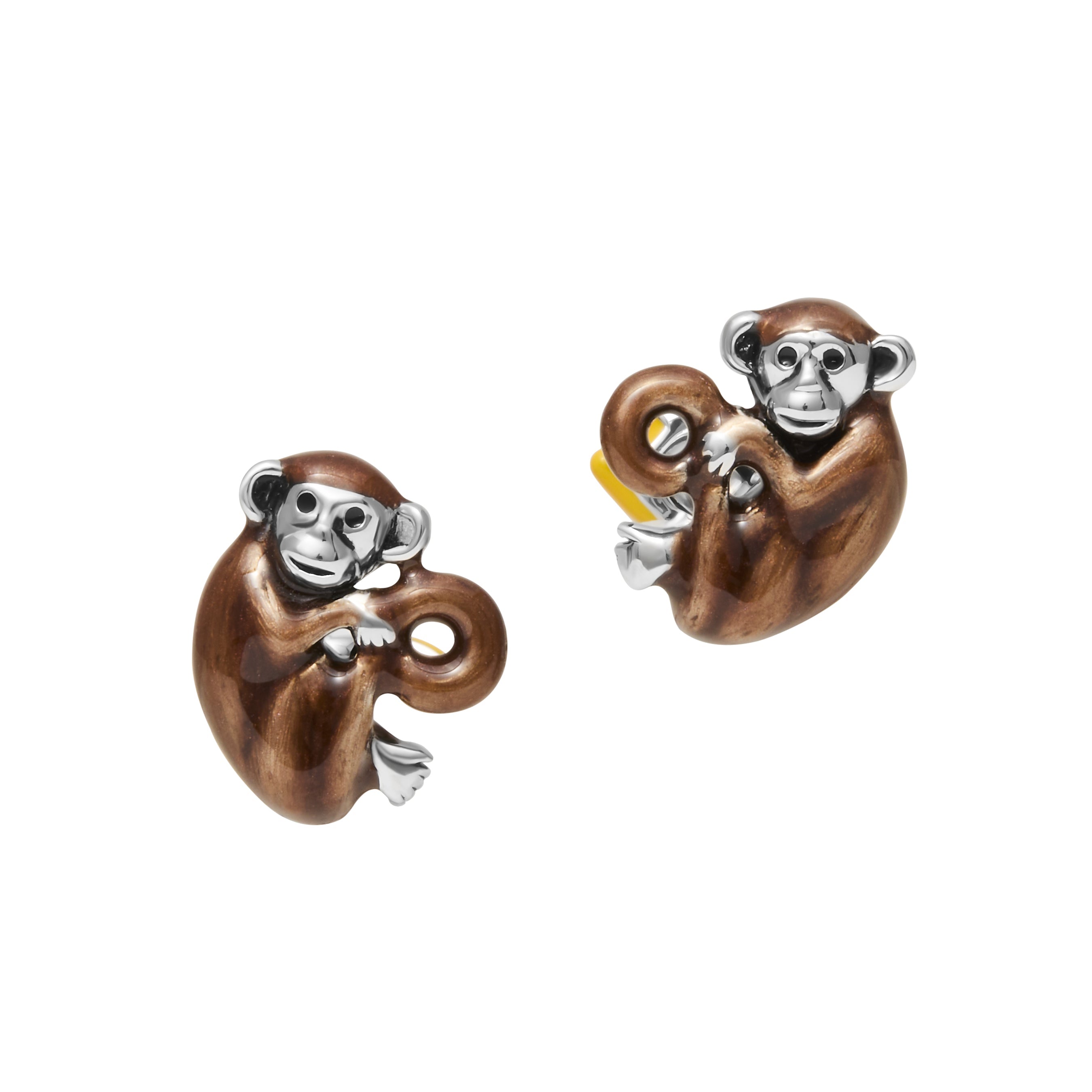 Sterling silver 3D monkey cufflinks with brown enamel body, yellow banana detail, and black enamel eyes, luxury novelty men's fine jewelry.