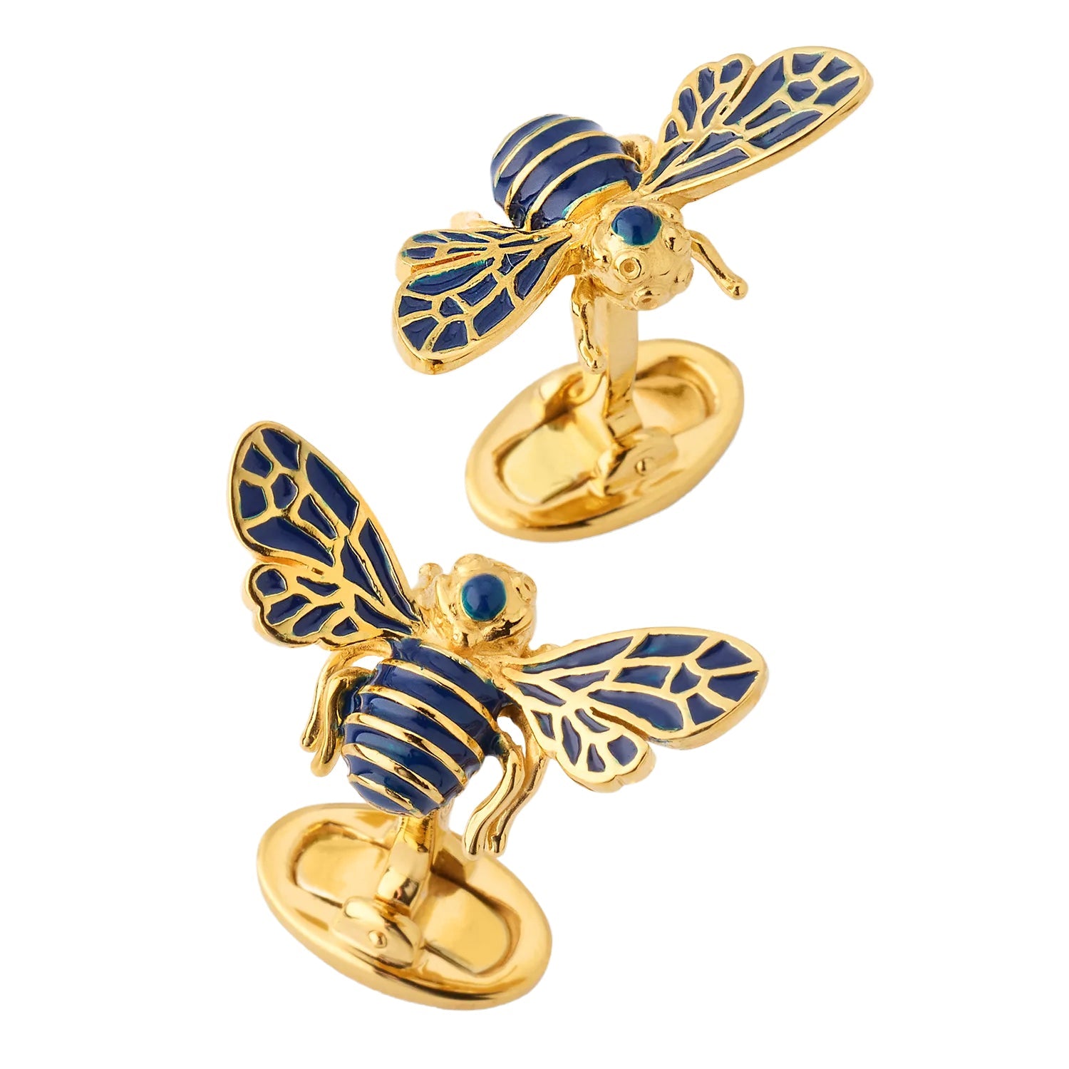 Gold vermeil navy blue enamel bee cufflinks pair showing striped abdomen veined wings and teal crystal eyes with oval toggle back by Jan Leslie.