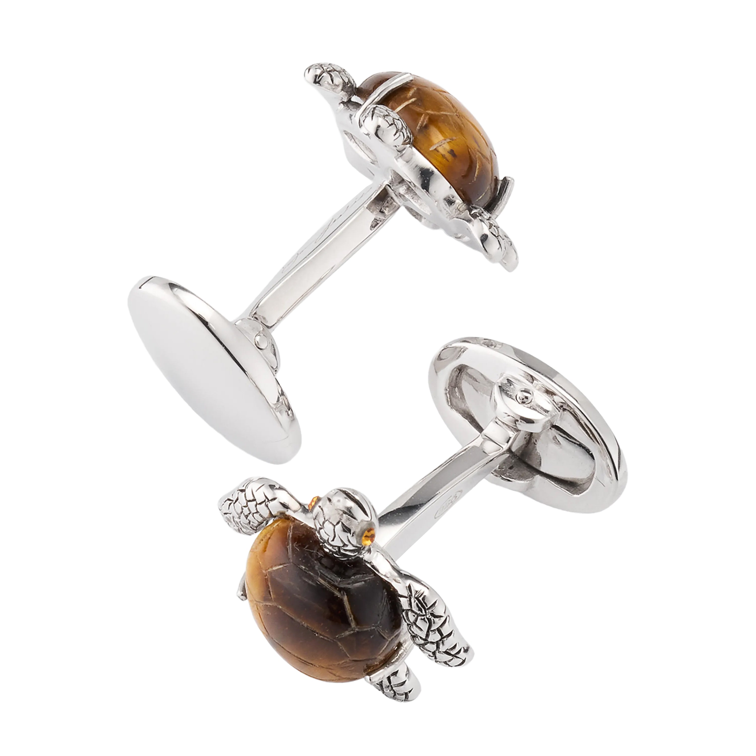 Sterling silver sea turtle cufflinks with tiger's eye shell and oval toggle back closure, Jan Leslie