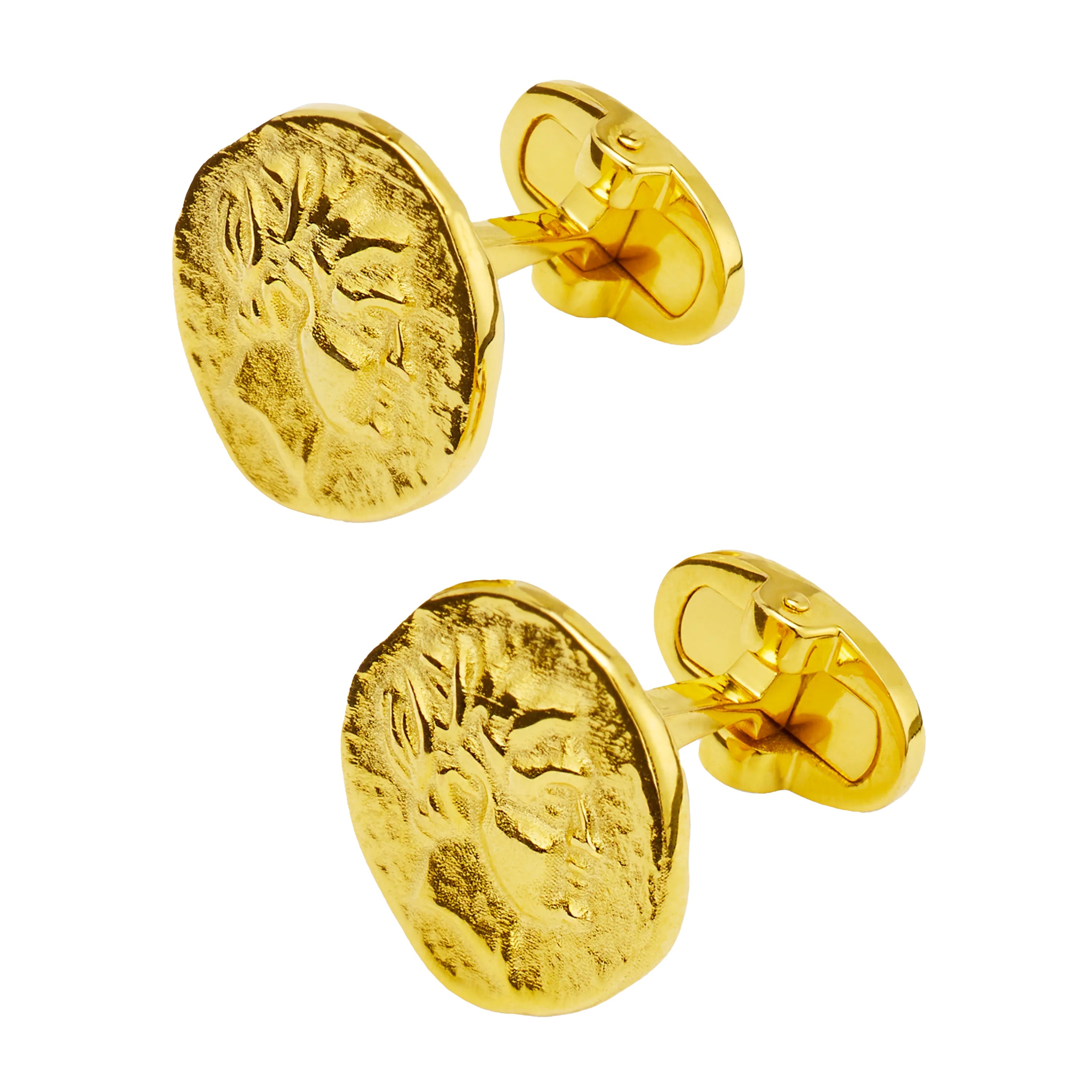 18k gold-plated sterling silver coin cufflinks with embossed Greek deity and whale-back closure, Jan Leslie