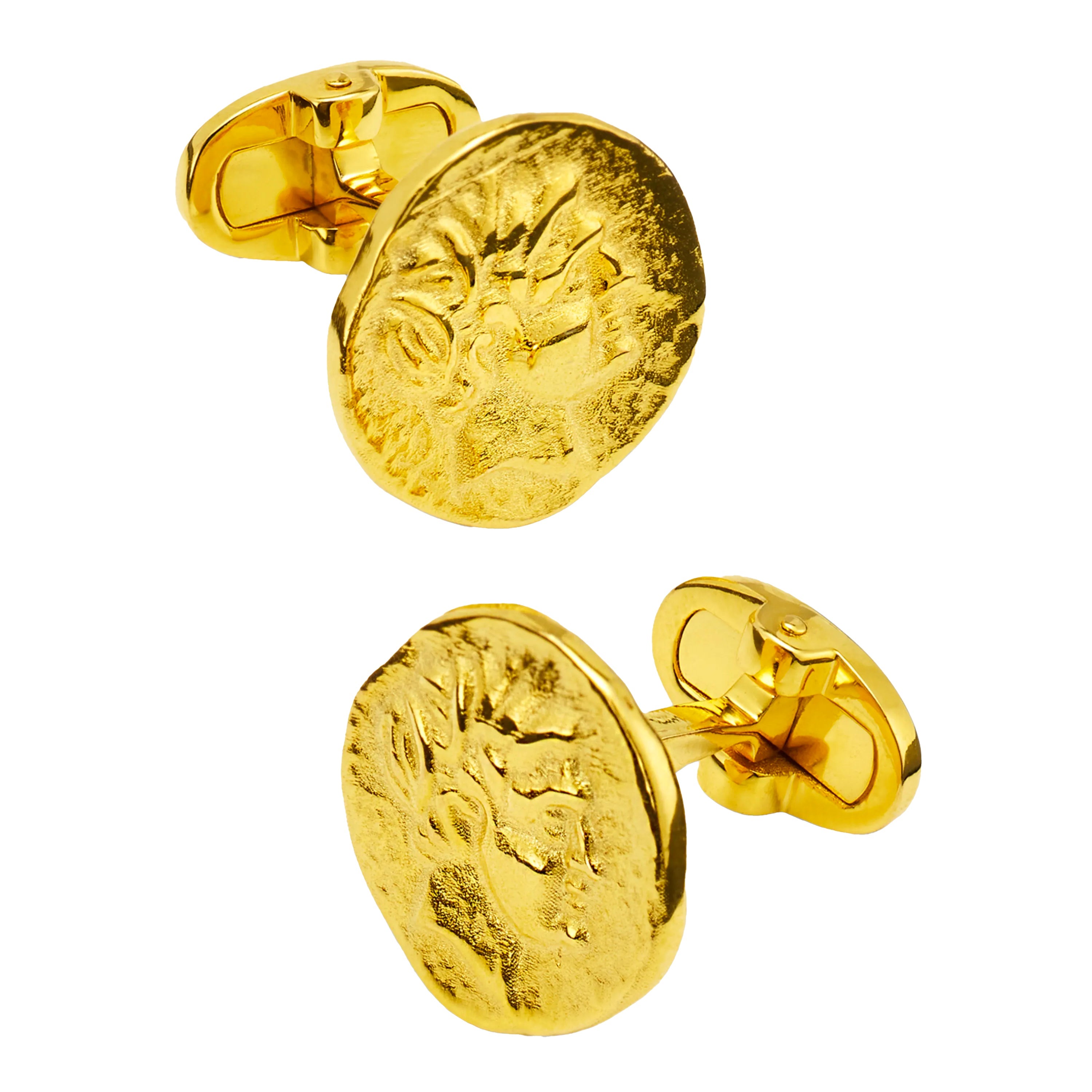 18k gold-plated ancient coin cufflinks with engraved deity face and oval toggle back closure, Jan Leslie