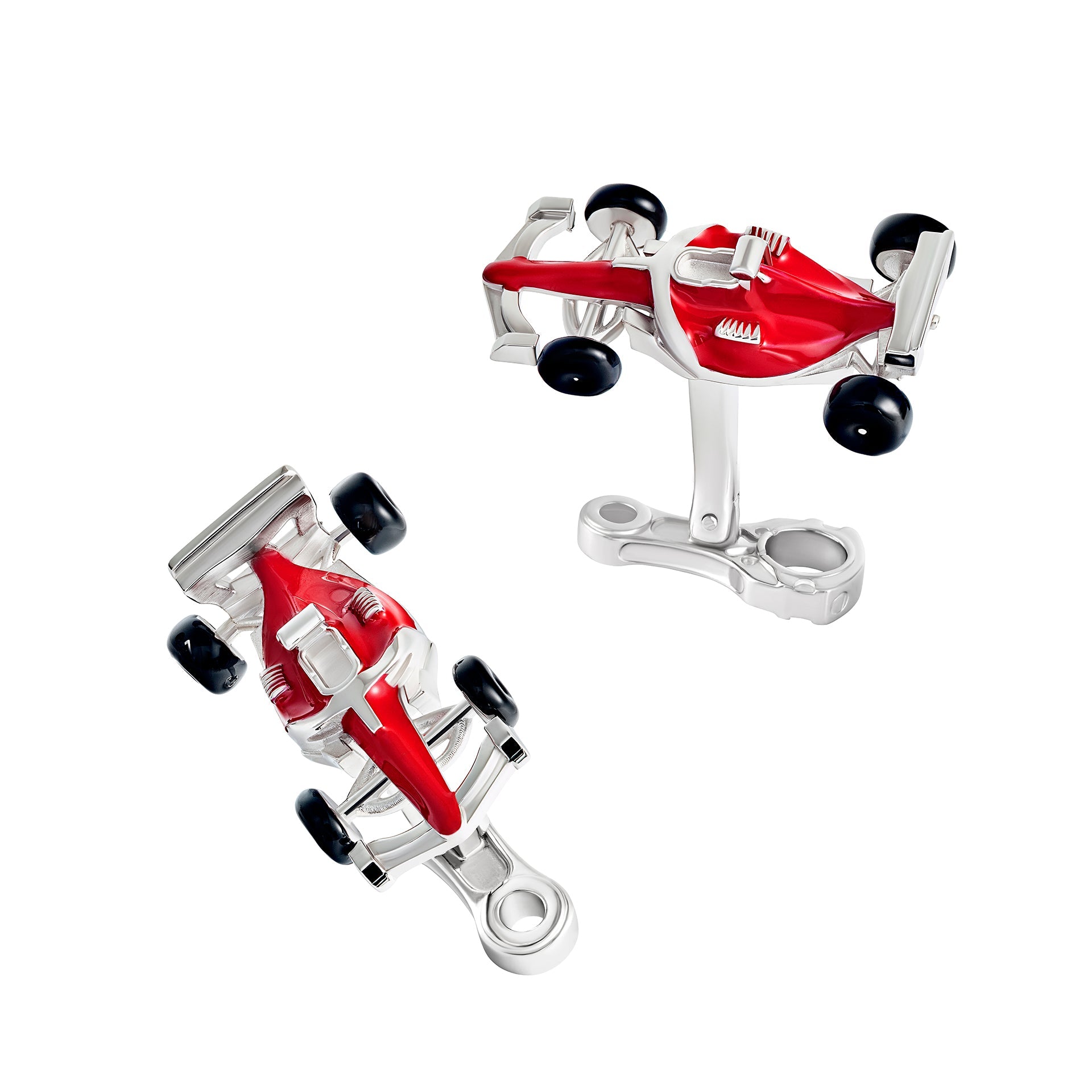  Sterling silver 3D red enamel Formula 1 racing car cufflinks with black wheel detail by Jan Leslie.
